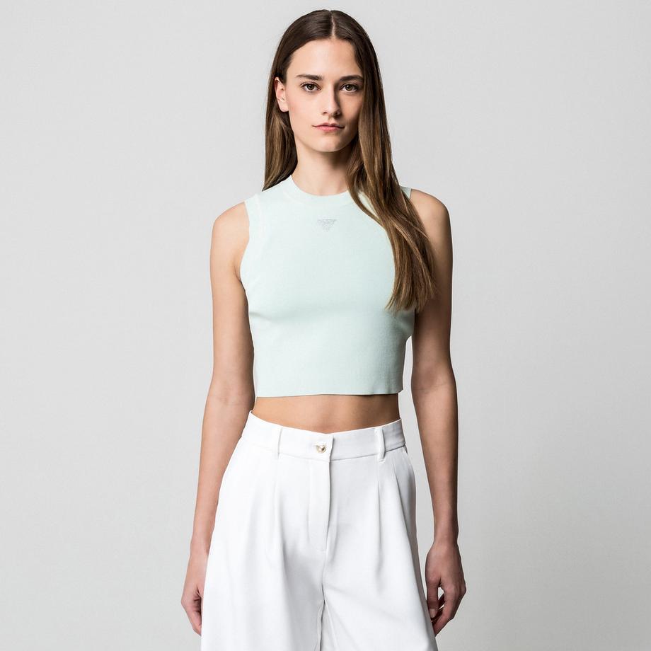 GUESS Ärmelloses geripptes Crop Top mit Strass-Logo  