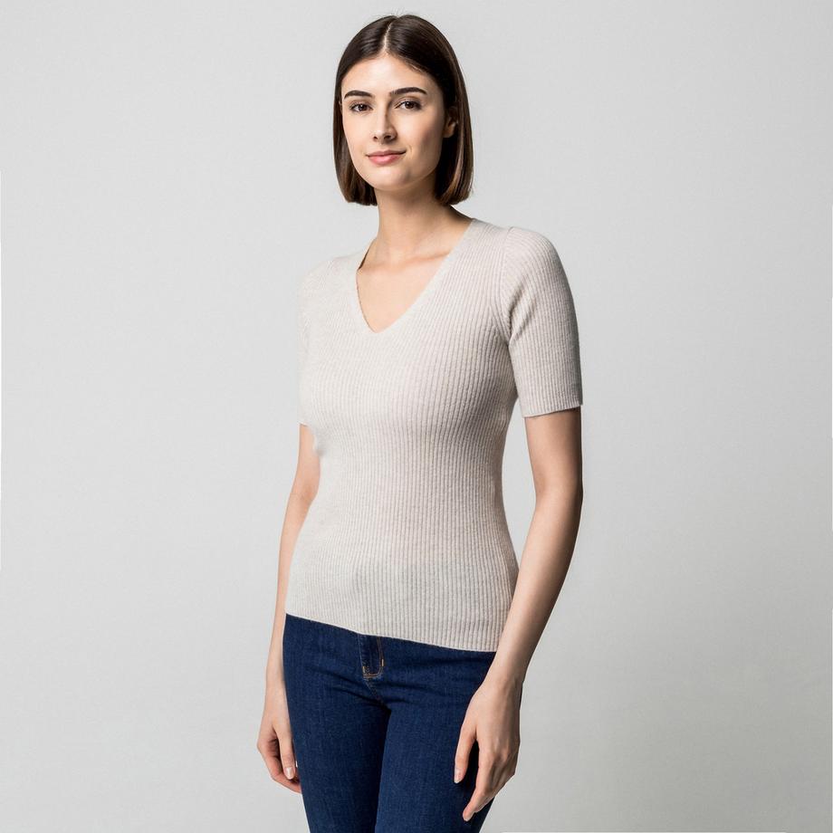 Manor Woman Cashmere Maglia a Coste Scollo a V Pullover Maniche Corte  