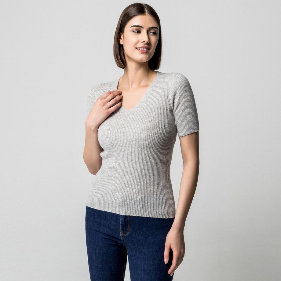 Manor Woman Kaschmir Rippstrick V-Ausschnitt Pullover Kurzarm  
