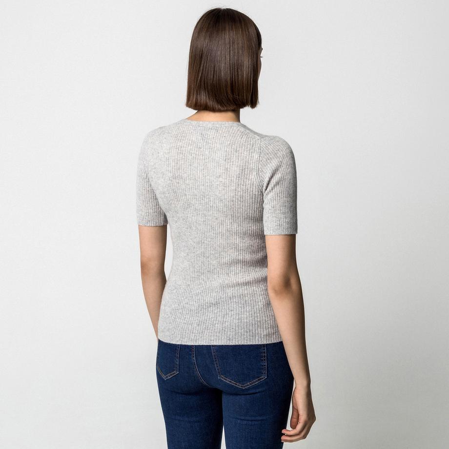 Manor Woman Kaschmir Rippstrick V-Ausschnitt Pullover Kurzarm  