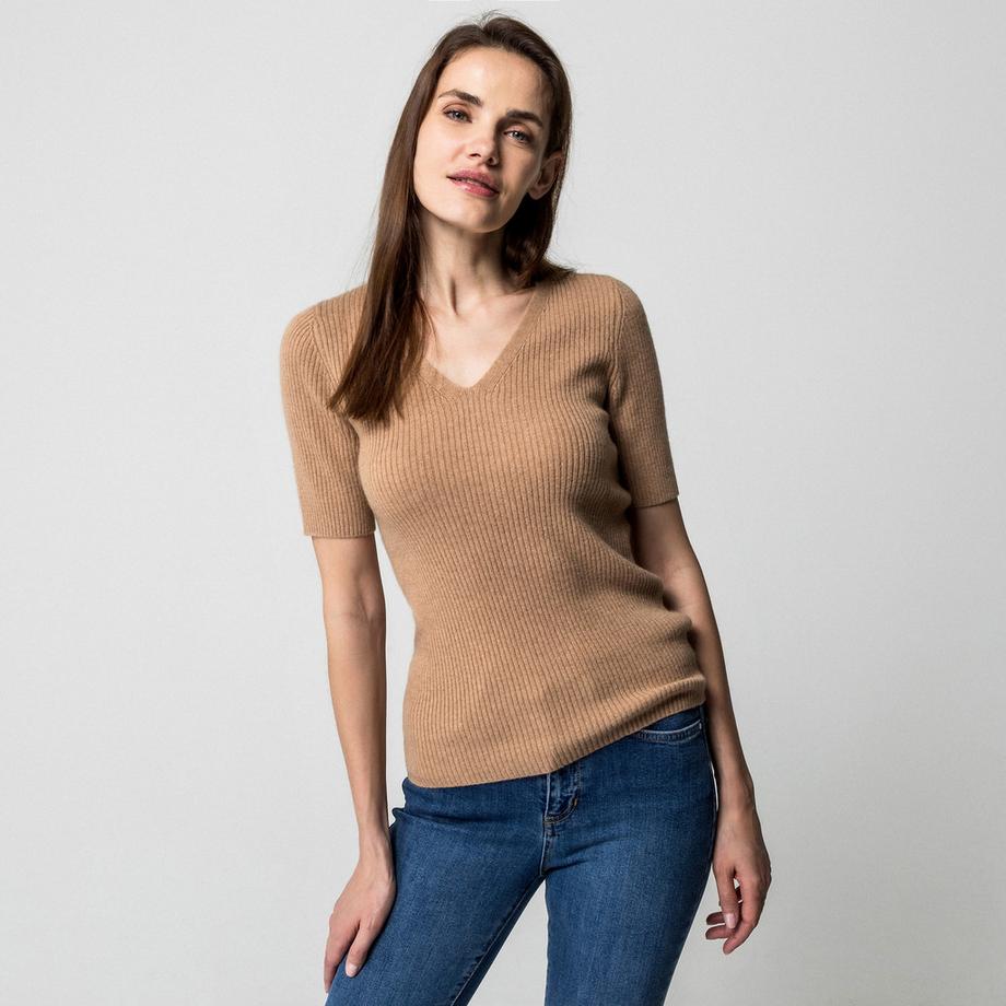 Manor Woman Cachemire Maille Côtelée Col V Pull Manches Courtes  