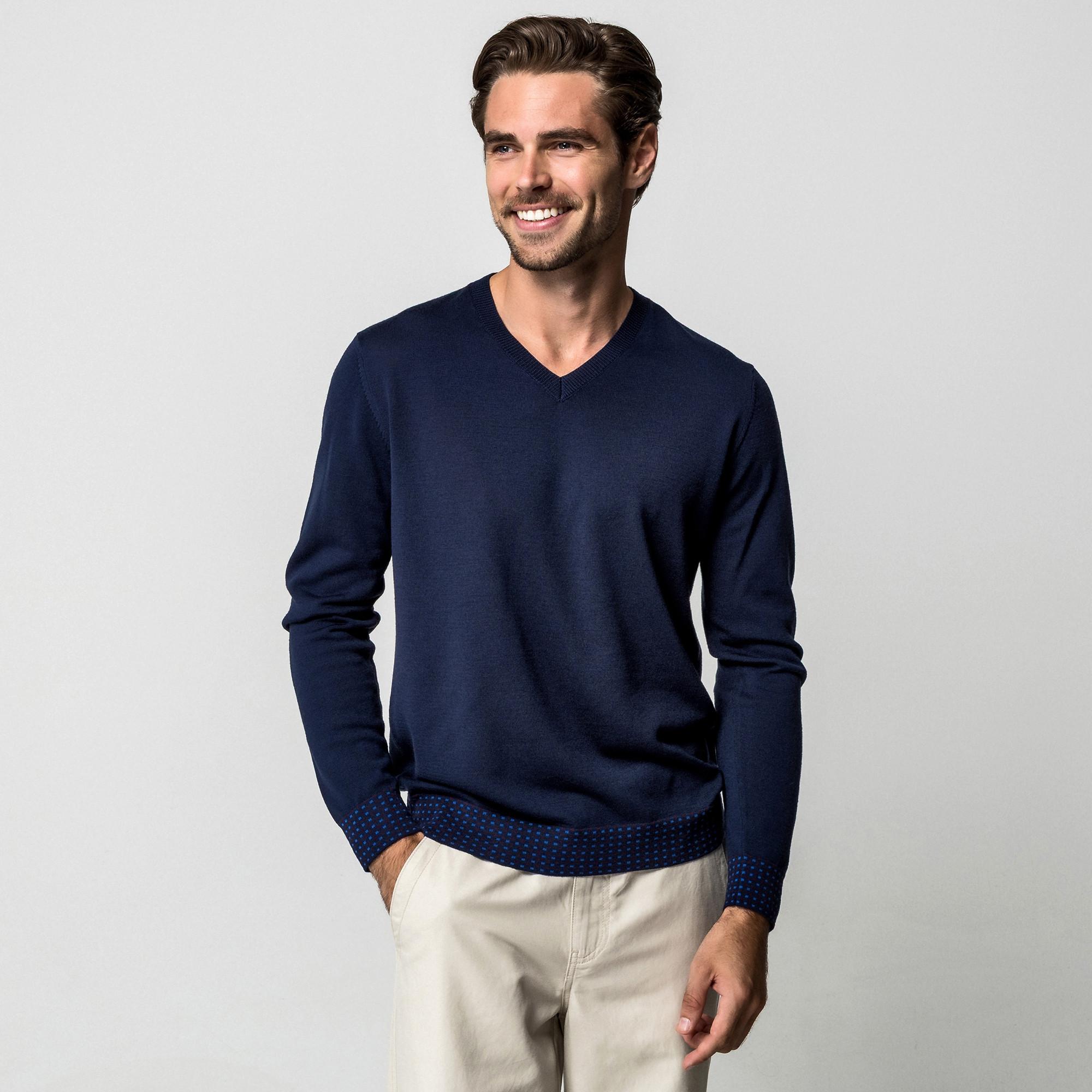 Manor Man V-Ausschnitt Pullover gemusterte Bündchen  