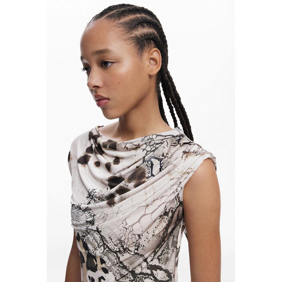 Desigual Ärmelloses Maxikleid mit Wasserfallkragen Animal Print  