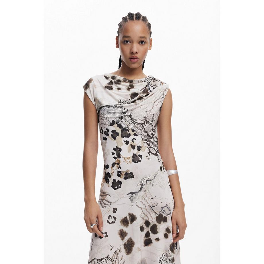 Desigual Ärmelloses Maxikleid mit Wasserfallkragen Animal Print  