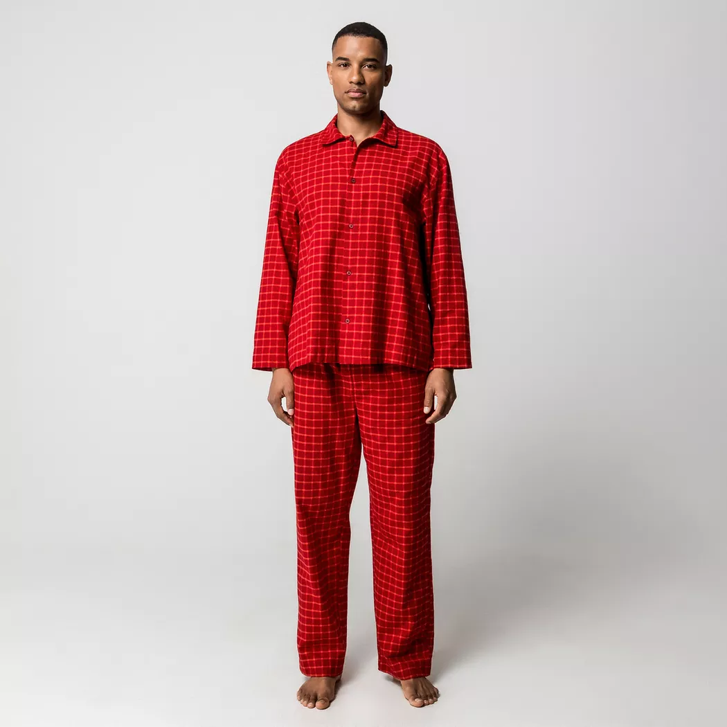 Schlafanzug "LS BUTTON DOWN PANT SET", Herren, Gr. XL (54), rot, Web, Obermaterial: 100% Baumwolle, CALVIN KLEIN UNDERWEAR, gemustert, kariert, körpernah lang, Rundhals, eingesetzt gerader Abschluss, Homewear-Sets Schlafanzug, Mit elastischem Bund
