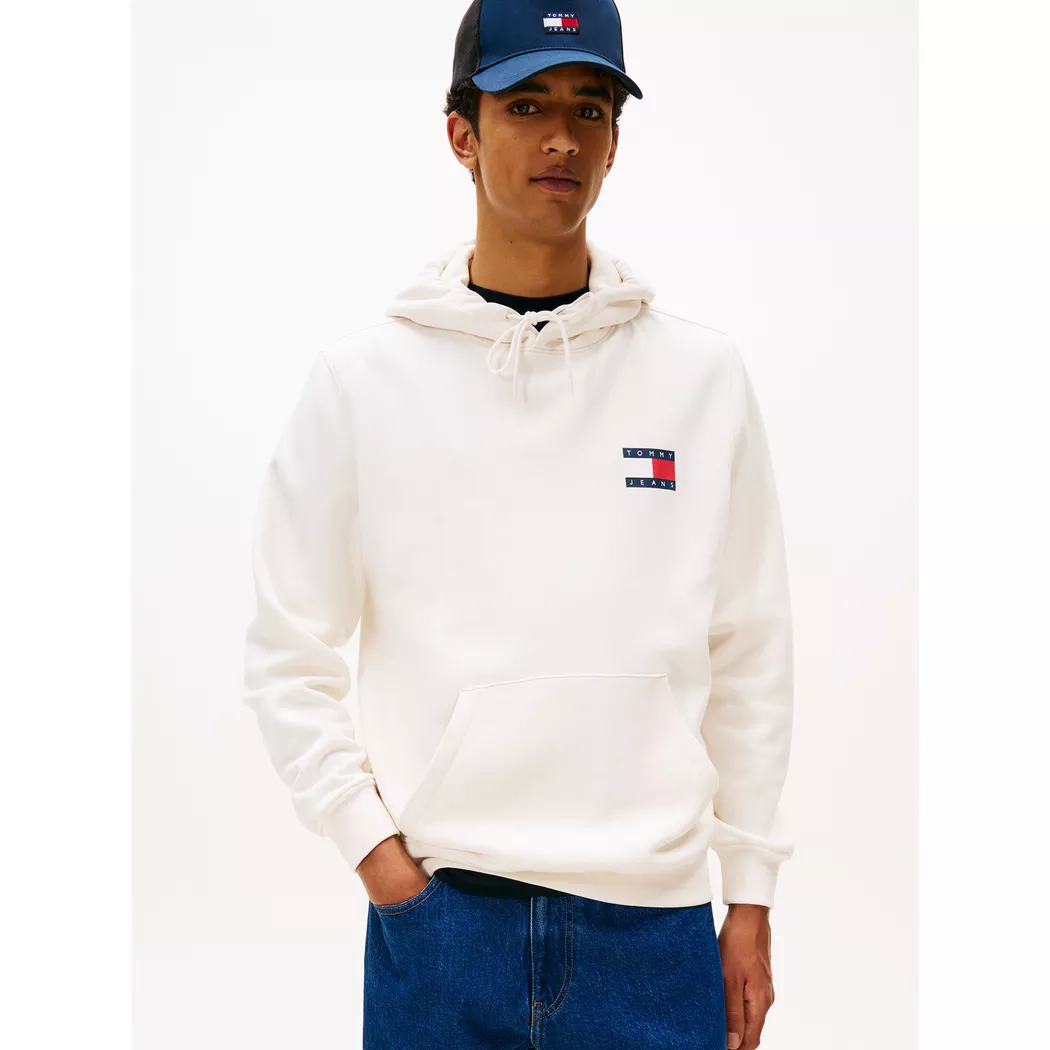 Sweatshirt TOMMY JEANS "TJM REG ESSENTIAL FLAG HOOD EXT", Herren, Gr. L, weiß (ancient weiß), Sweatware, Obermaterial: 80% Baumwolle, 20% Polyester, regular fit, breiter Bund, Sweatshirts Sweatshirt, mit bedruckten Markenlogo auf Brusthöhe
