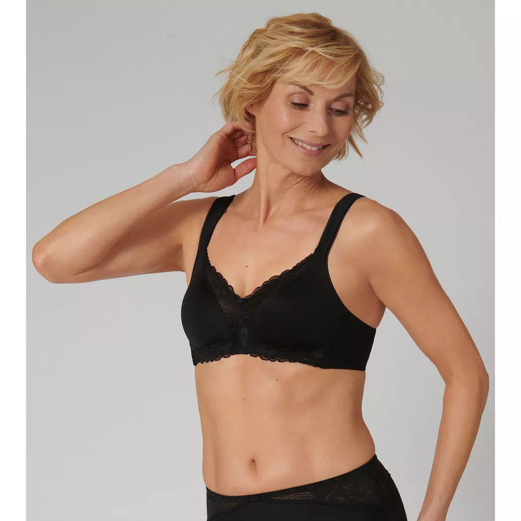 Bügelloser BH TRIUMPH "Modern Lace+Cotton", Damen, Gr. 110, Cup B, schwarz, Microtouch, Obermaterial: 50% Polyamid, 30% Baumwolle, 20% Elasthan, BHs, Spitzeneinsätze, starker Halt ohne Bügel, atmungsaktiv, leicht