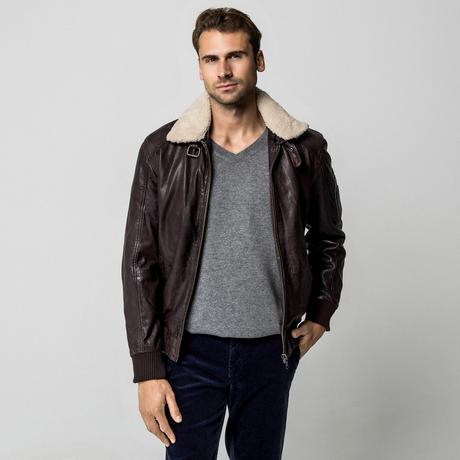 Manor Man Veste en cuir avec col en fourrure amovible  