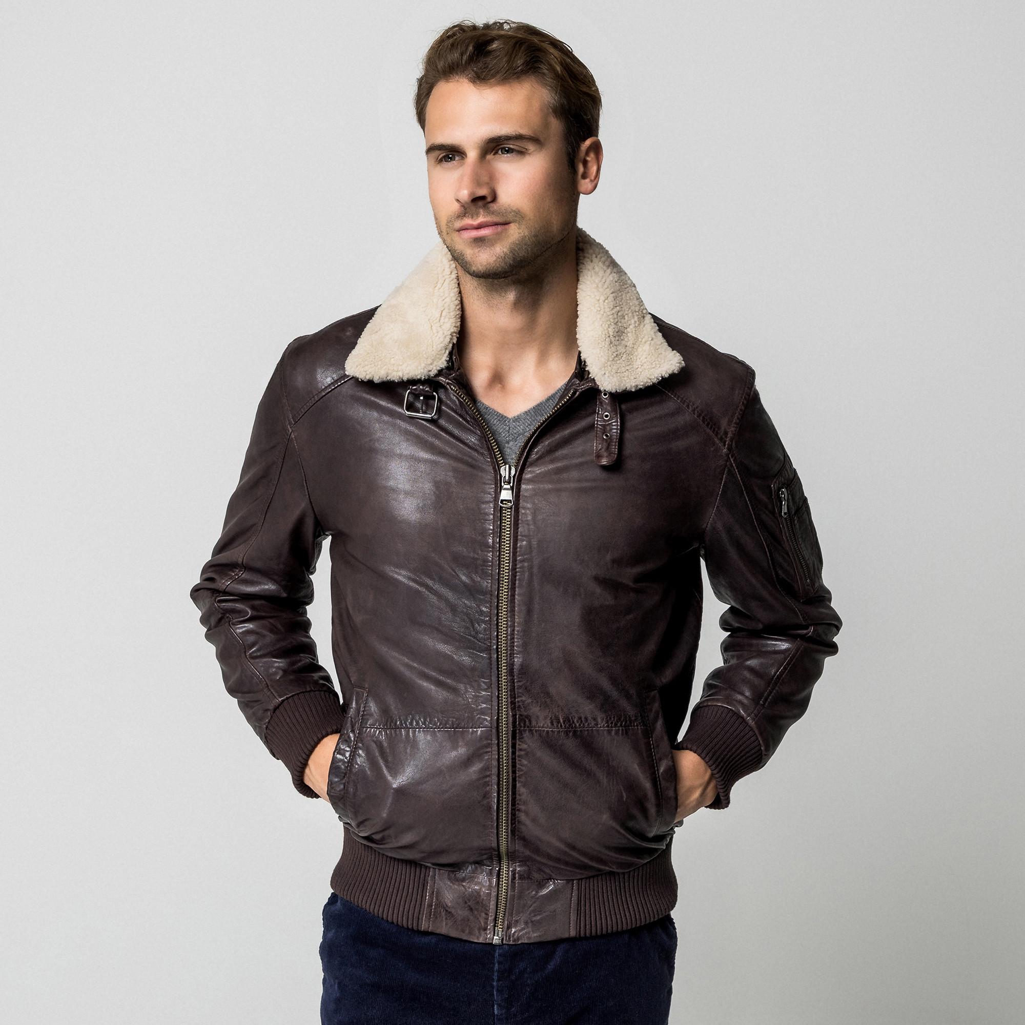 Manor Man Veste en cuir avec col en fourrure amovible  