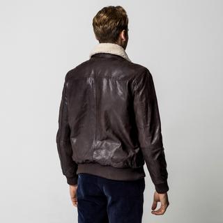 Manor Man Veste en cuir avec col en fourrure amovible  