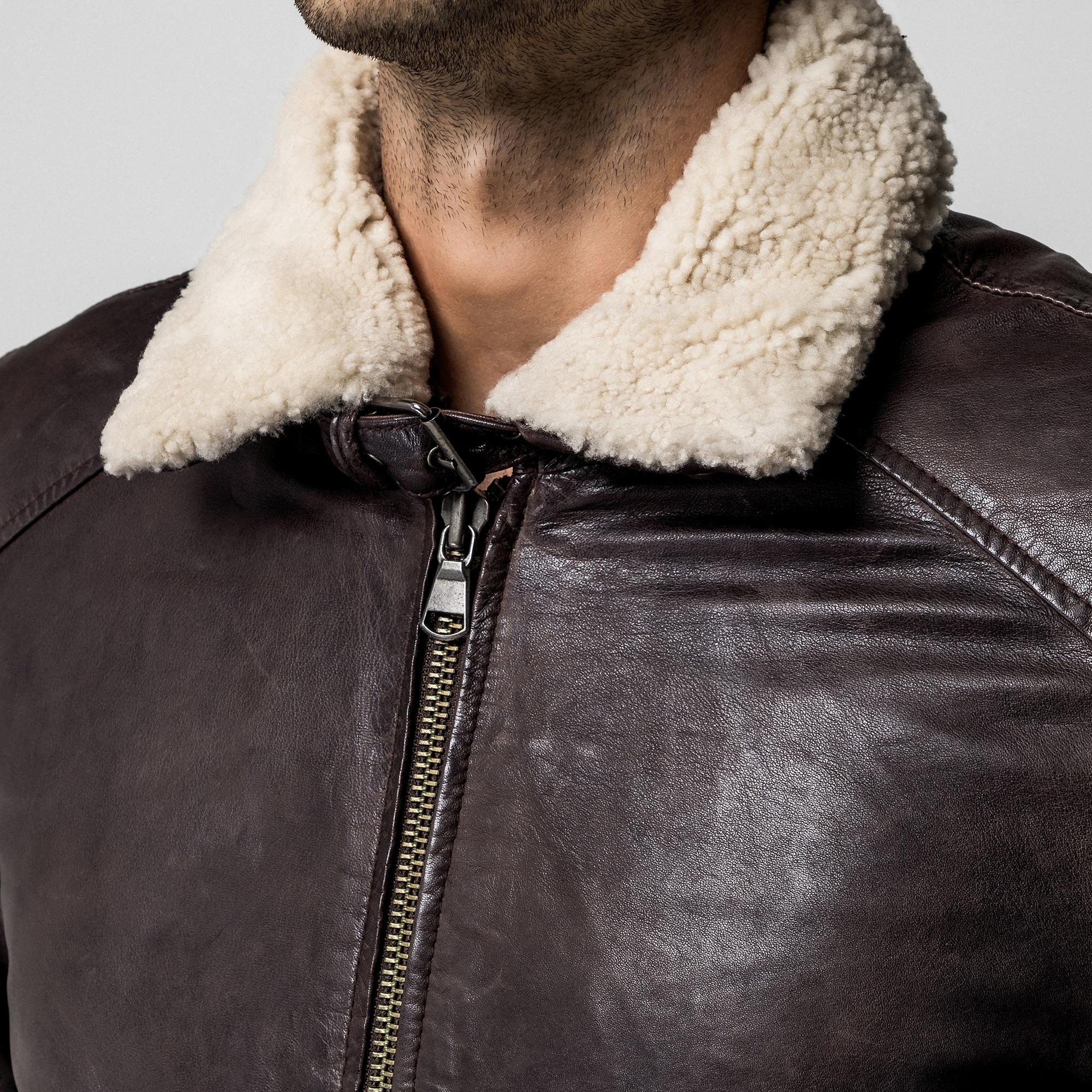 Manor Man Veste en cuir avec col en fourrure amovible  