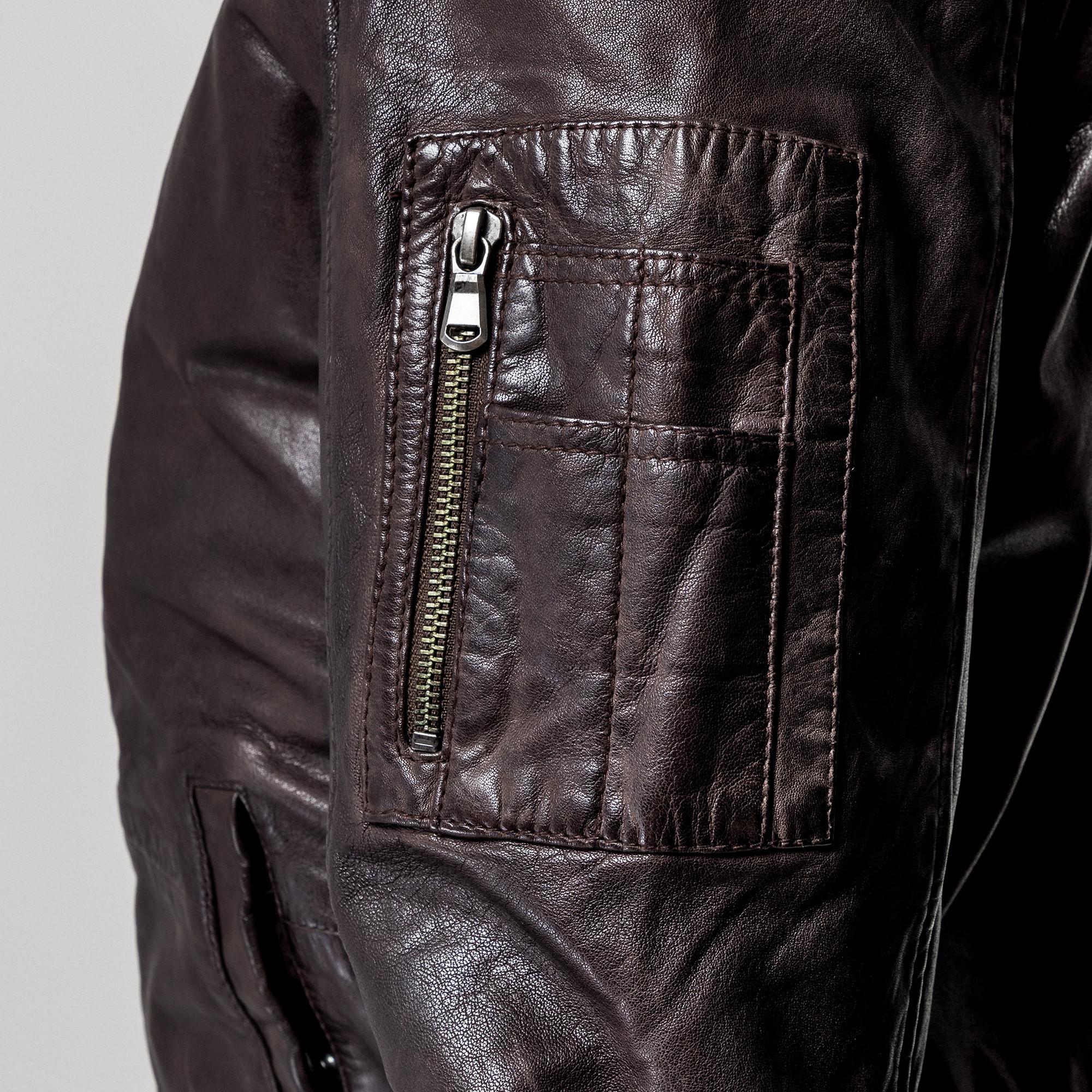 Manor Man Veste en cuir avec col en fourrure amovible  