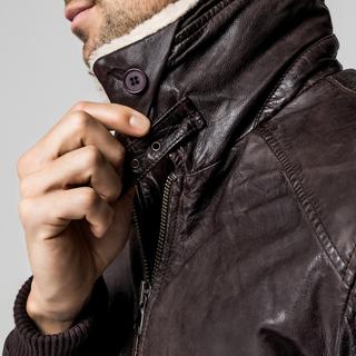 Manor Man Veste en cuir avec col en fourrure amovible  