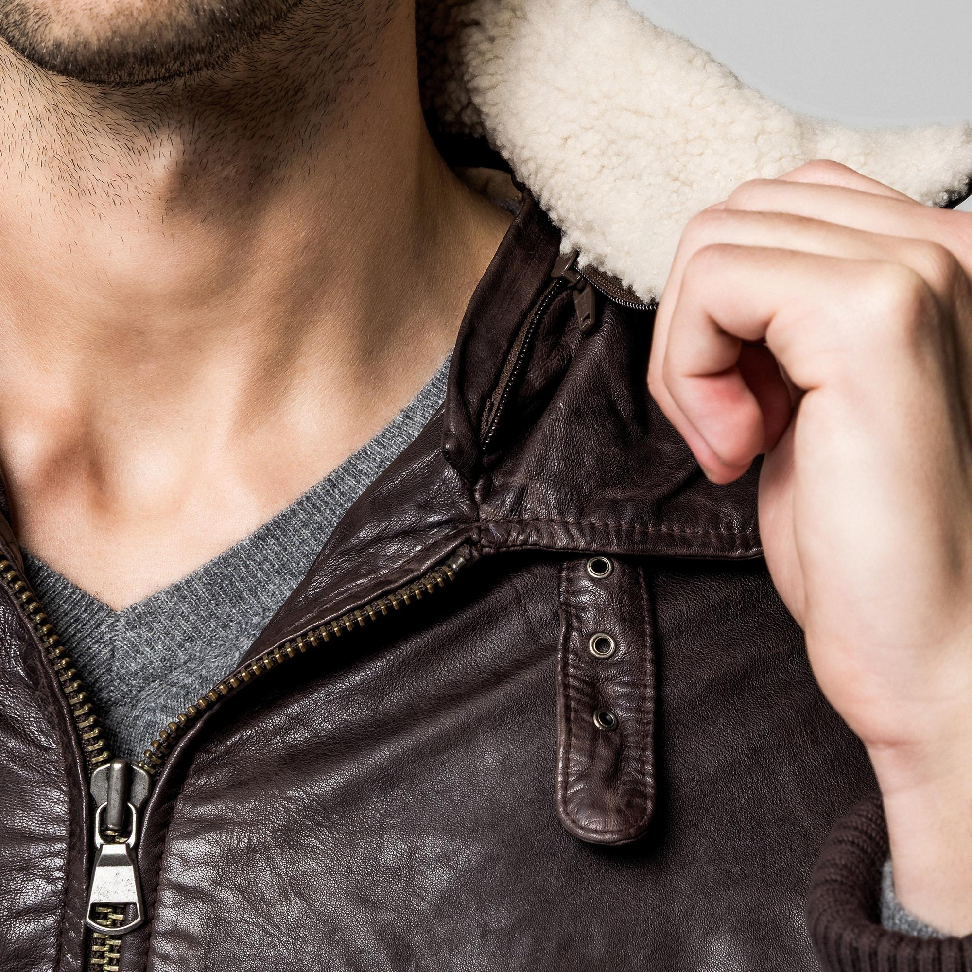 Manor Man Veste en cuir avec col en fourrure amovible  