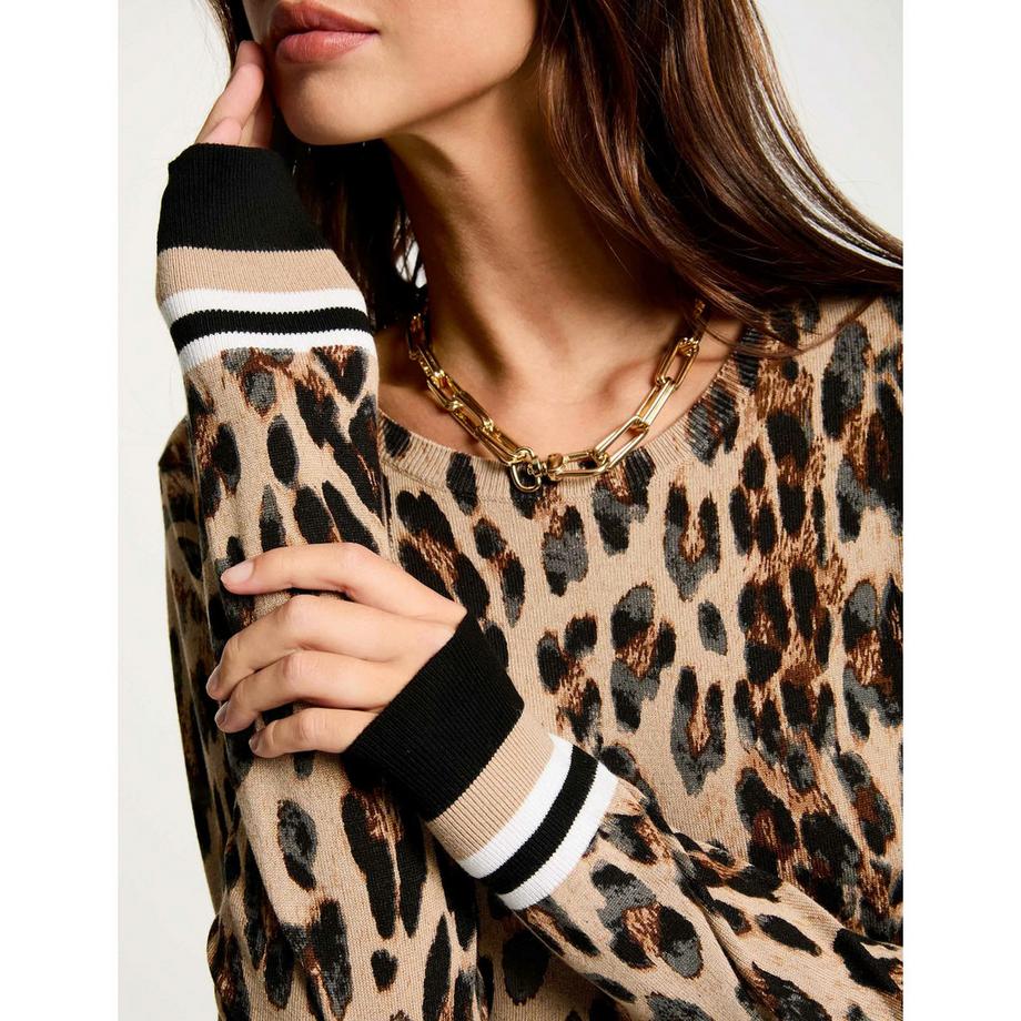 MORGAN Leopardenmuster Pullover mit gestreiften Ärmelbündchen  
