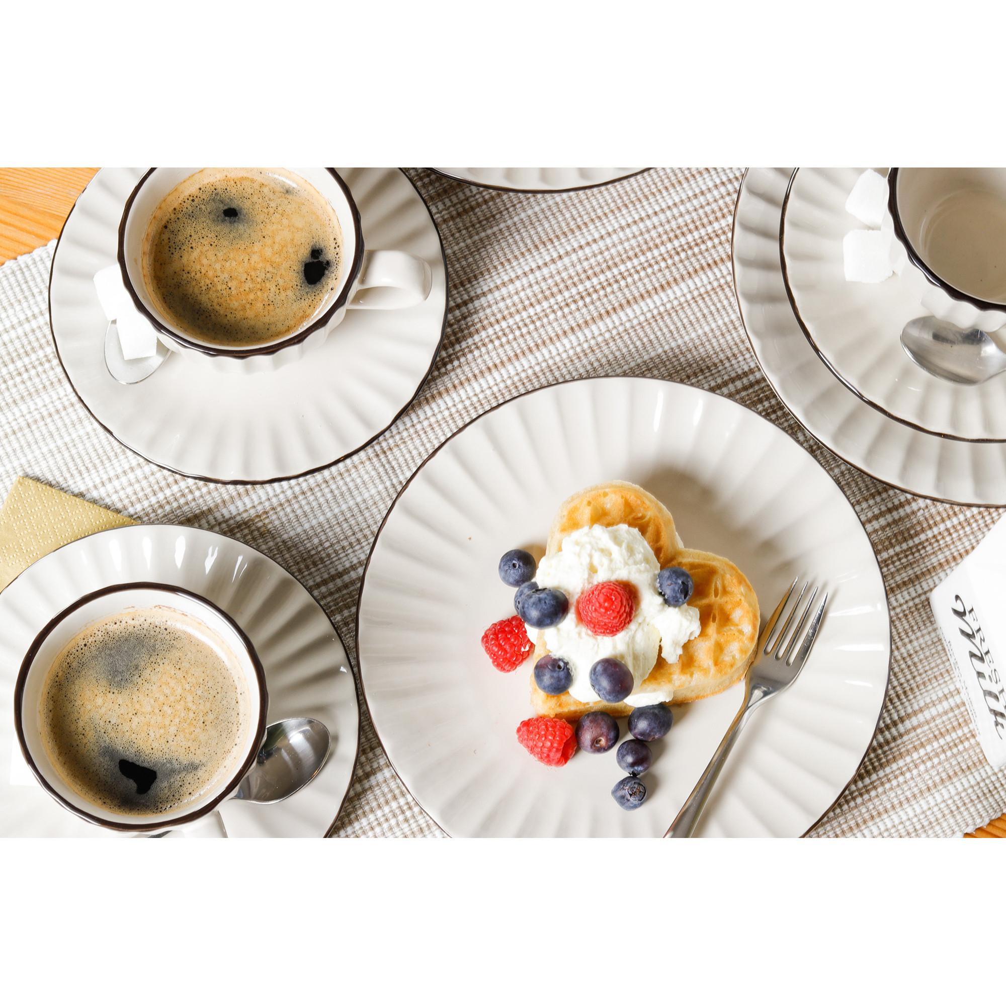 Service à Café MÄSER Grès Osita - 6 Tasses, 6 Soucoupes, 6 Assiettes à Dessert, Blanc Crème