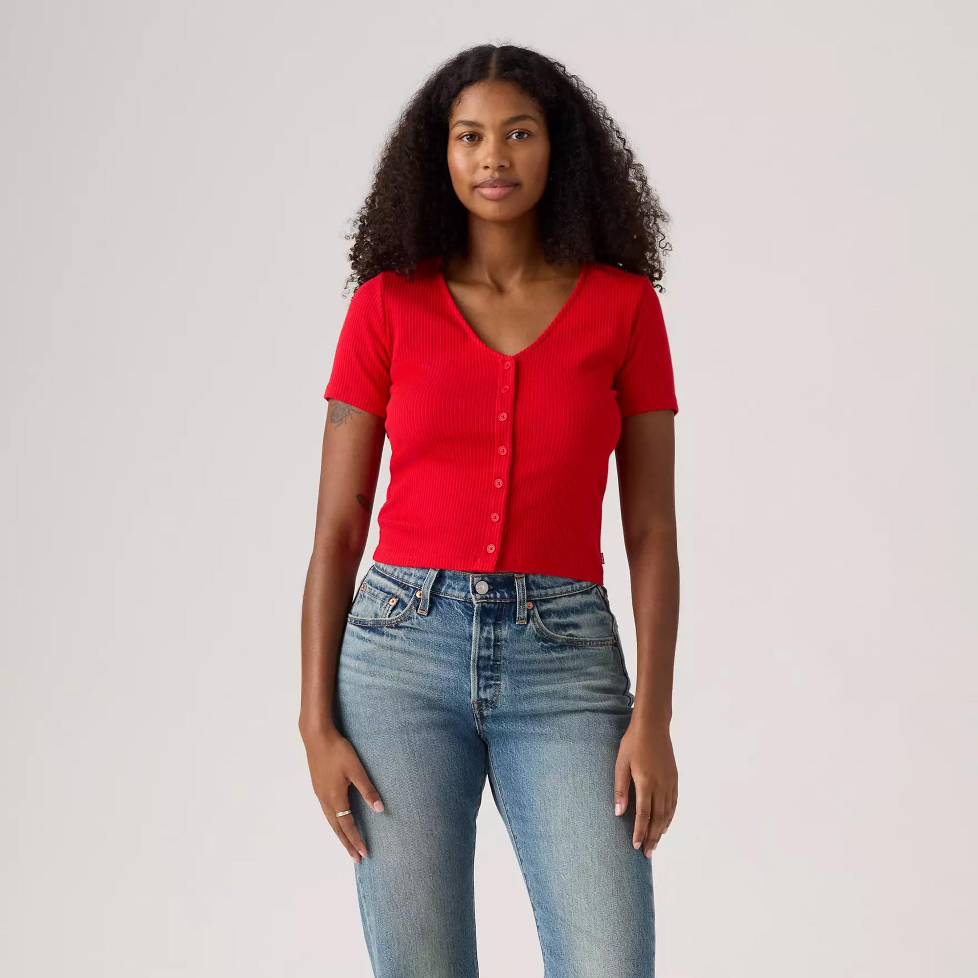 Levi's® T-shirt côtelé à manches courtes col en V avec patte de boutonnage  