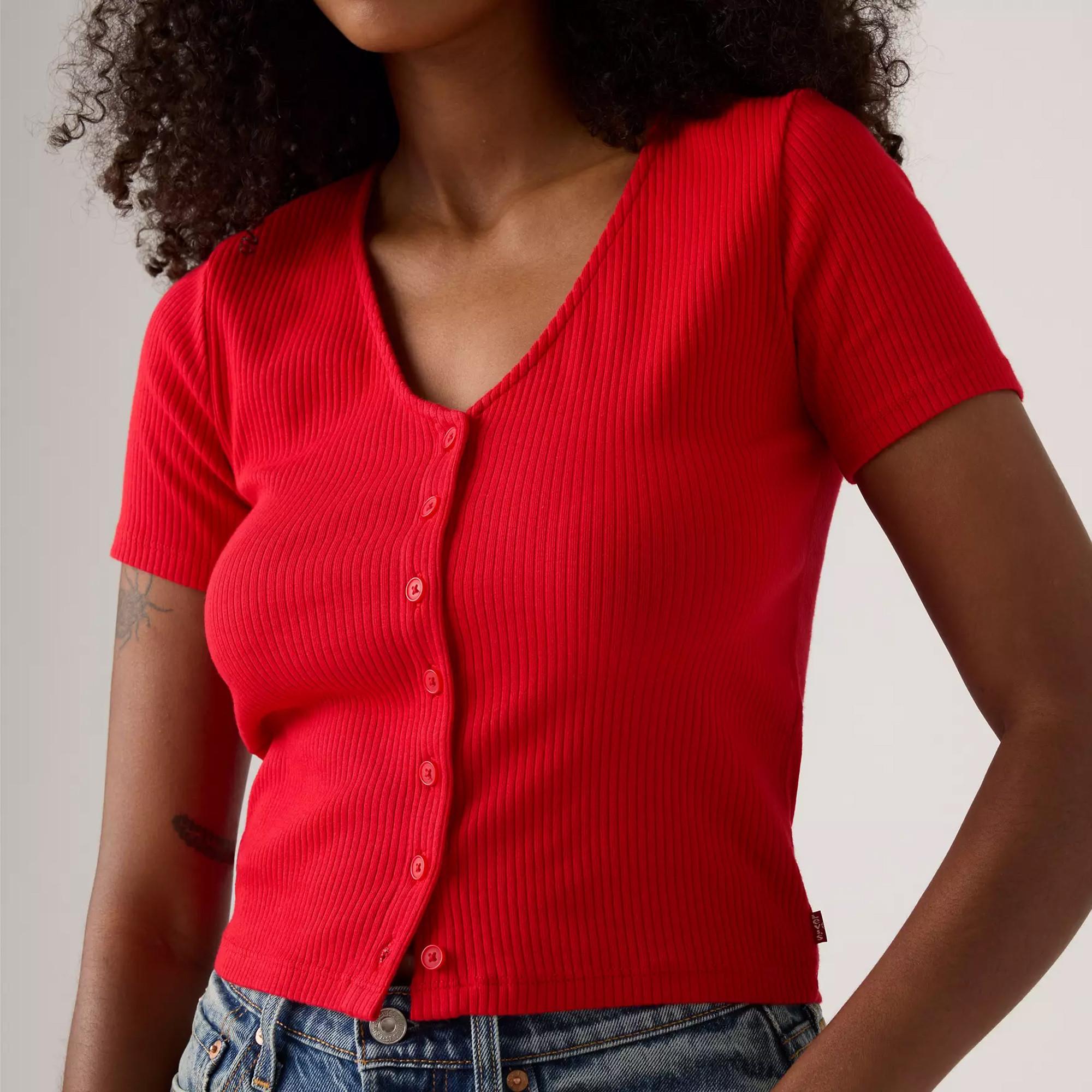 Levi's® T-shirt côtelé à manches courtes col en V avec patte de boutonnage  