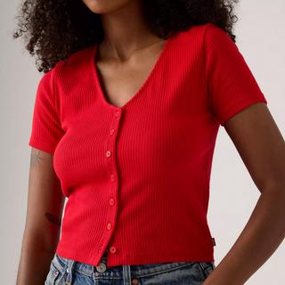 Levi's® T-shirt côtelé à manches courtes col en V avec patte de boutonnage  