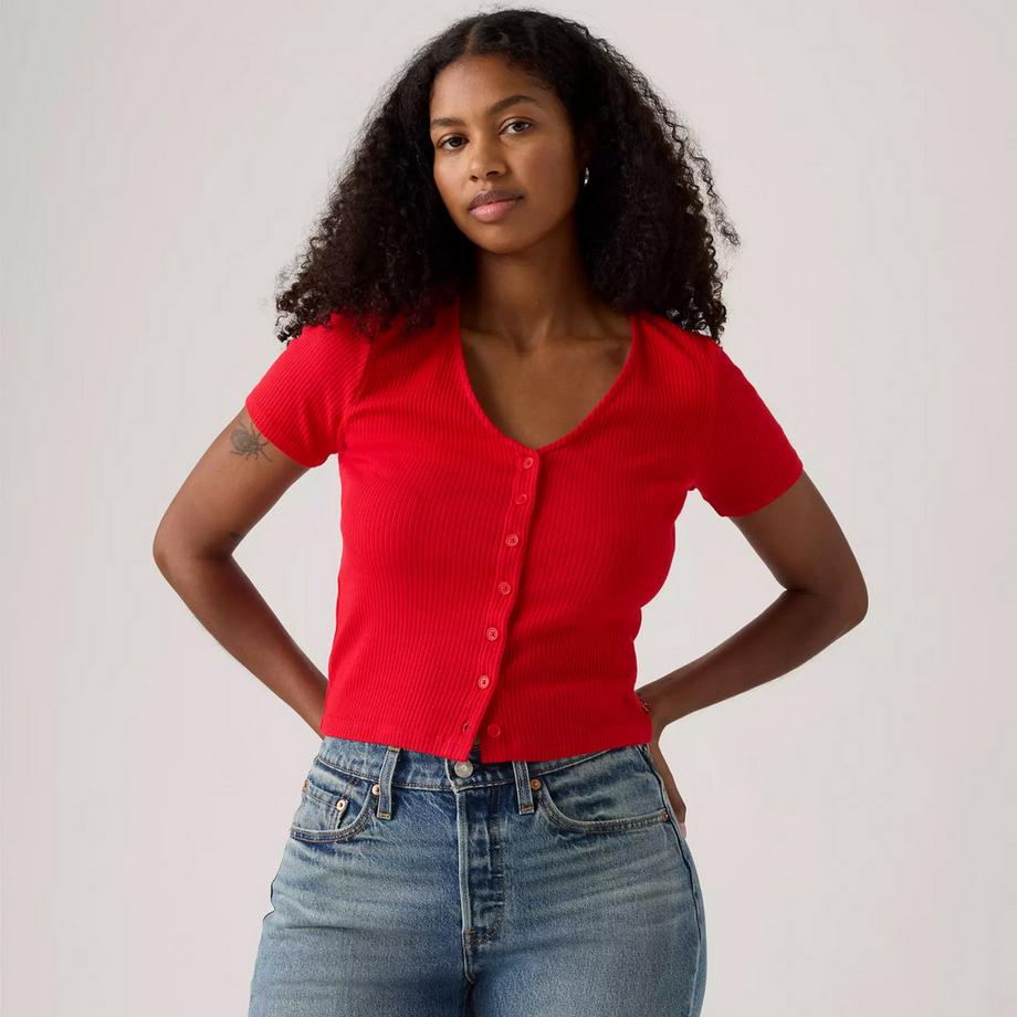 Levi's® Geripptes Kurzarm V-Ausschnitt T-Shirt mit Knopfleiste  