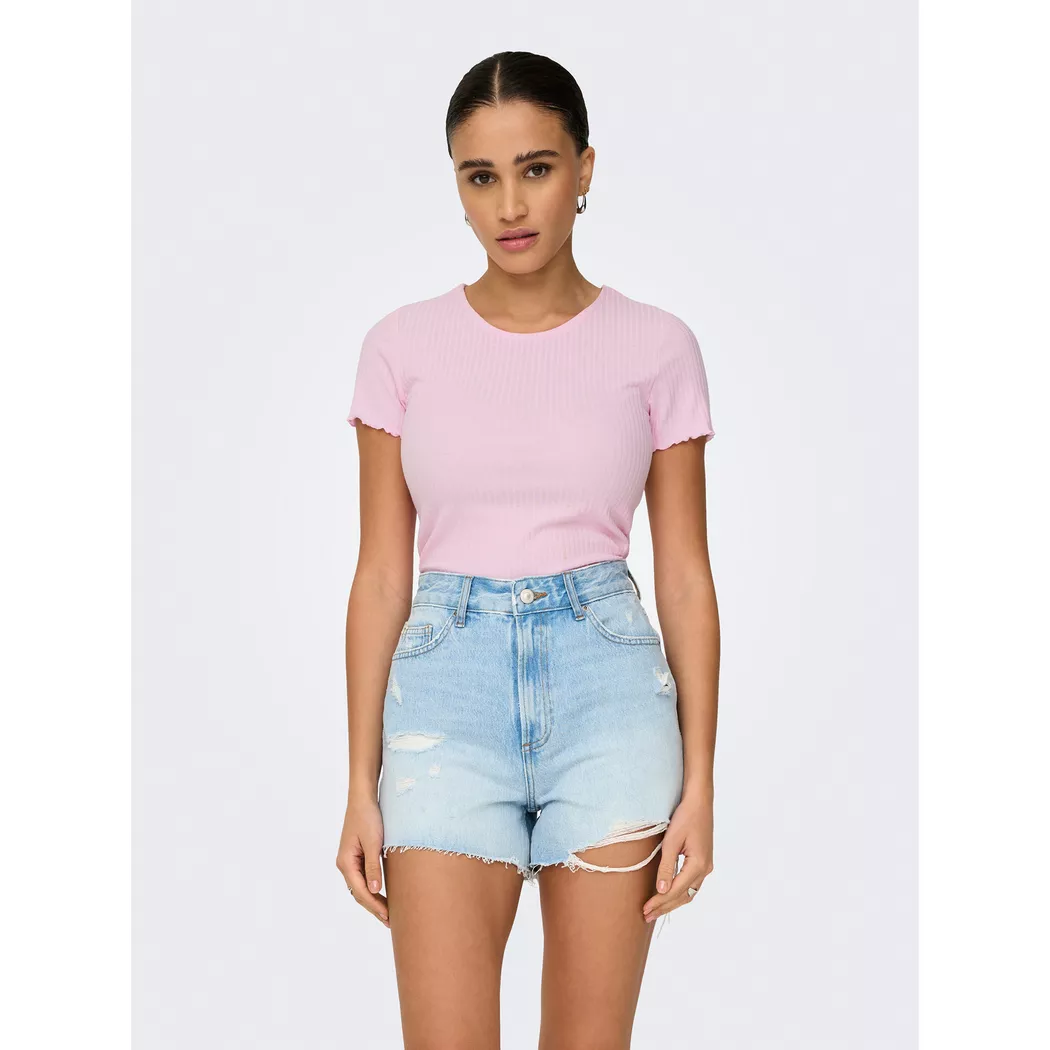 Rundhalsshirt ONLY "ONLEMMA S/S SHORT TOP NOOS JRS", Damen, Gr. L (40), pink (pink lady), Jersey, Obermaterial: 65% Polyester, 30% Viskose, 5% Elasthan, unifarben, regular fit kurz, Rundhals, gewellter Abschluss, Shirts Rundhalsshirt, Rundhals, modisch, r