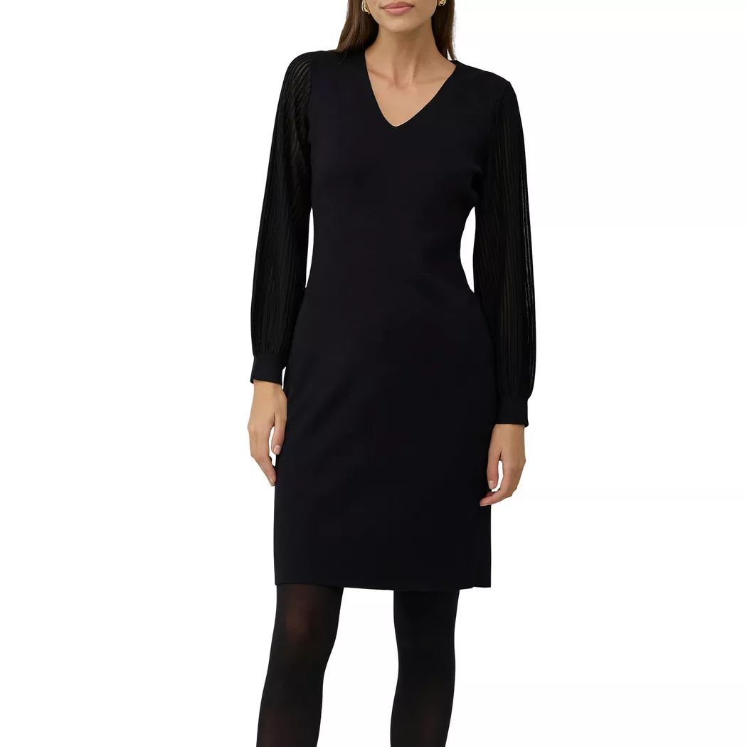 Strickkleid S.OLIVER BLACK LABEL, Damen, Gr. 34, N-Gr, schwarz, Strick, Obermaterial: 71% Viskose, 29% Polyester, unifarben, regular fit kniefrei, V-Ausschnitt, Rippbündchen, Kleider Strickkleid, mit V-Ausschnitt