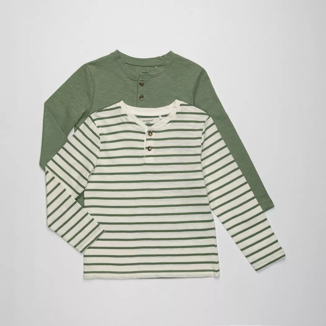 Manor Kids - Duopack, T-Shirts, langarm, 122-128, Olivegrün 2