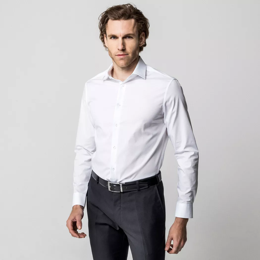 Businesshemd CALVIN KLEIN "REG ESNTL POPLIN STR SLD", Herren, Gr. 44, N-Gr, weiß, Web, Obermaterial: 97% Baumwolle, 3% Elasthan, unifarben, regular fit normal, Rundhals, eingesetzt 1-Knopf-Manschette, Hemden, Regular fit, mit Rundhalsausschnitt