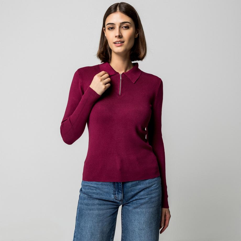 Manor Woman Pull Half-Zip en maille côtelée  
