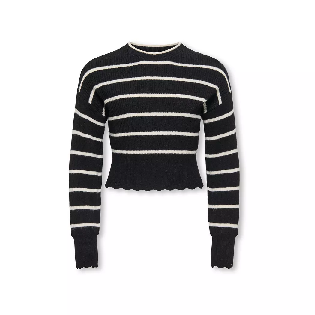 Strickpullover KIDS ONLY "KOGIBI LS O-NECK PULLOVER CP KNT NOOS", Mädchen, Gr. 134/140, weiß (schwarz stripes:weißcap gray), Strick, Obermaterial: 50% Viskose, 27% Nylon, 23% Polyester, gestreift, regular fit taillenlang, Rundhals, Bündchen, Pullover Stri