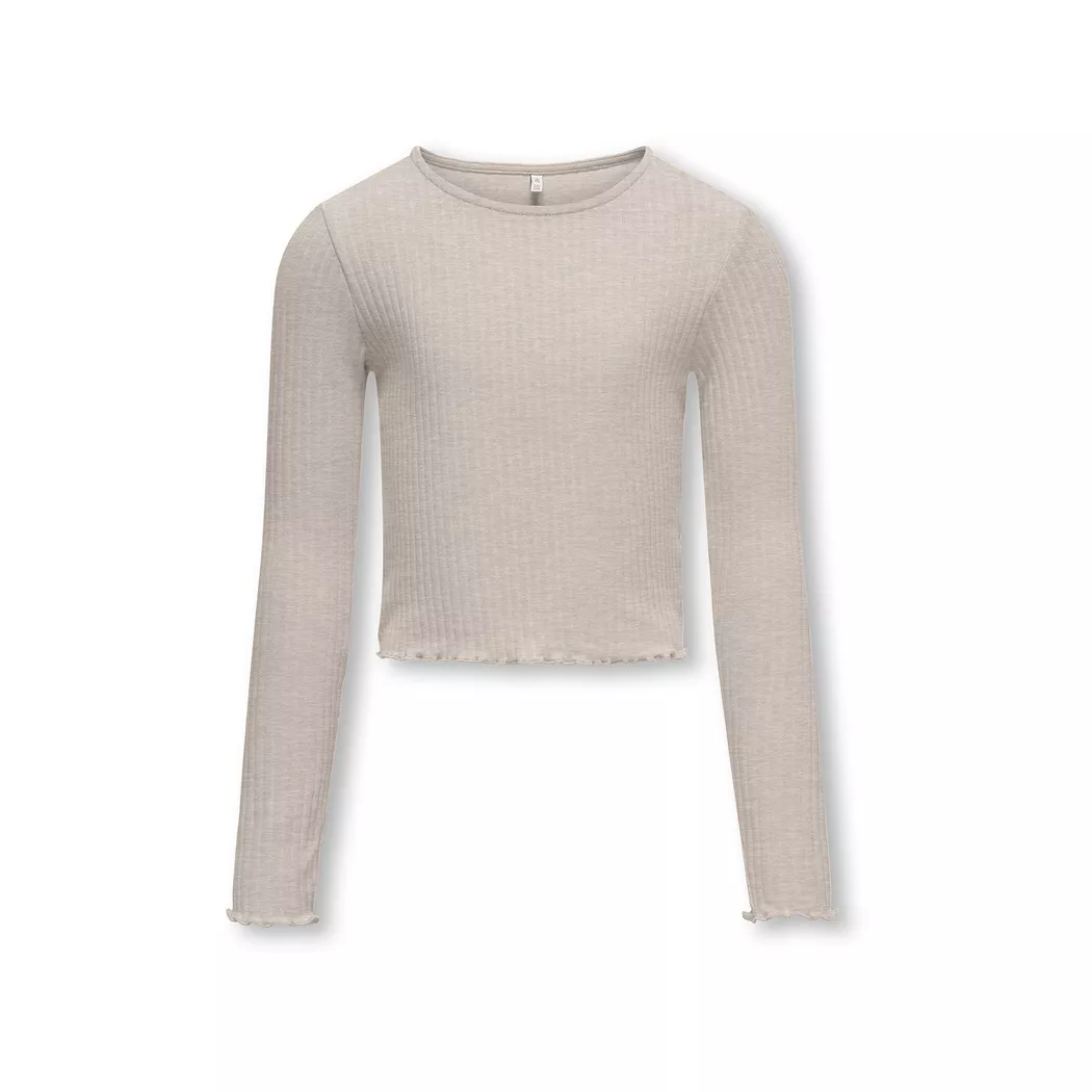 Langarmshirt KIDS ONLY "KOGNELLA L/S O-NECK TOP JRS NOOS", Mädchen, Gr. 134/140, weiß (cloud dancer), Jersey, Obermaterial: 65% Polyester, 30% Viskose, 5% Elasthan, unifarben, regular fit kurz, Rundhals, gewellter Abschluss, Shirts Langarmshirt, Materialm