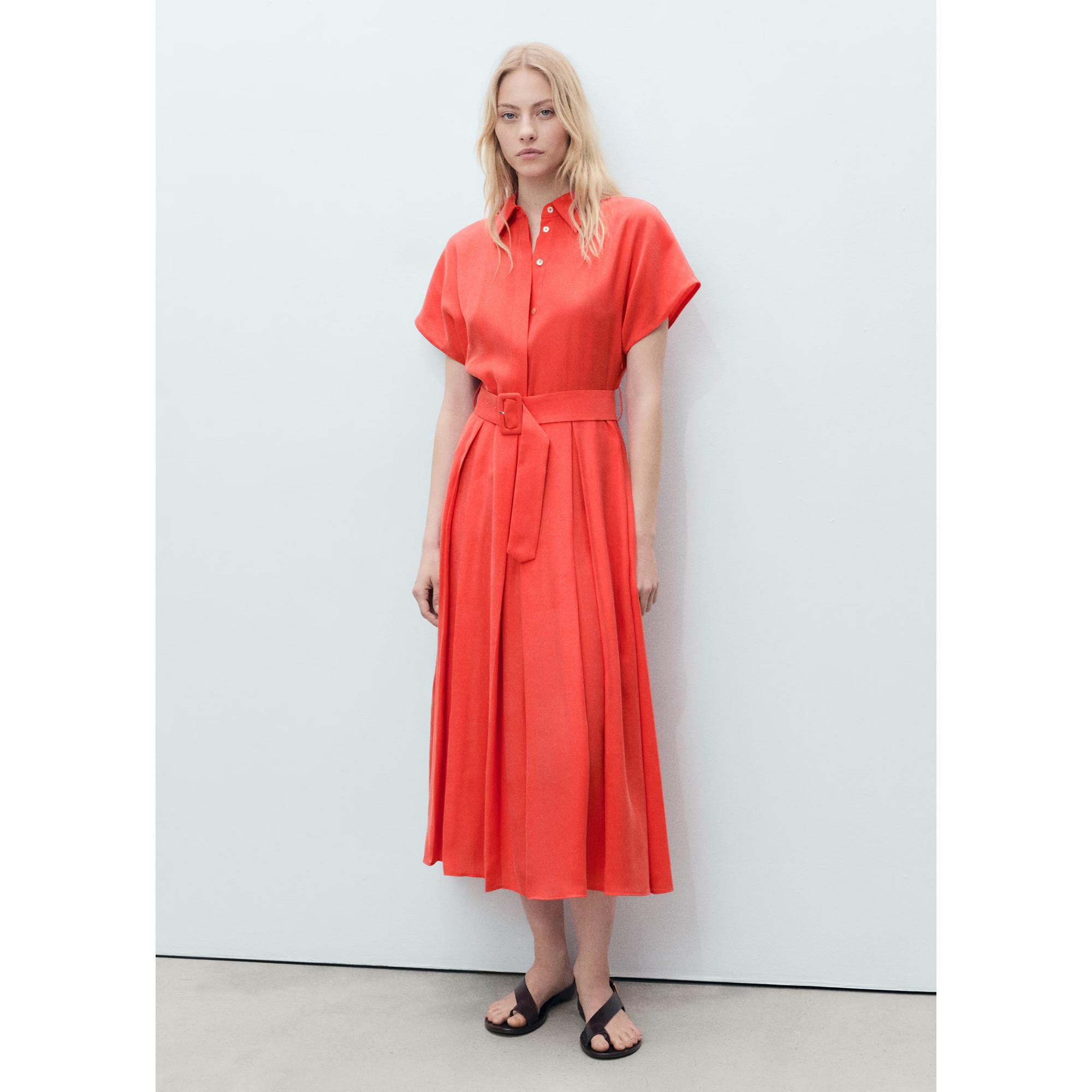MANGO Macarela Robe Midi Ceinturée Manches Courtes  