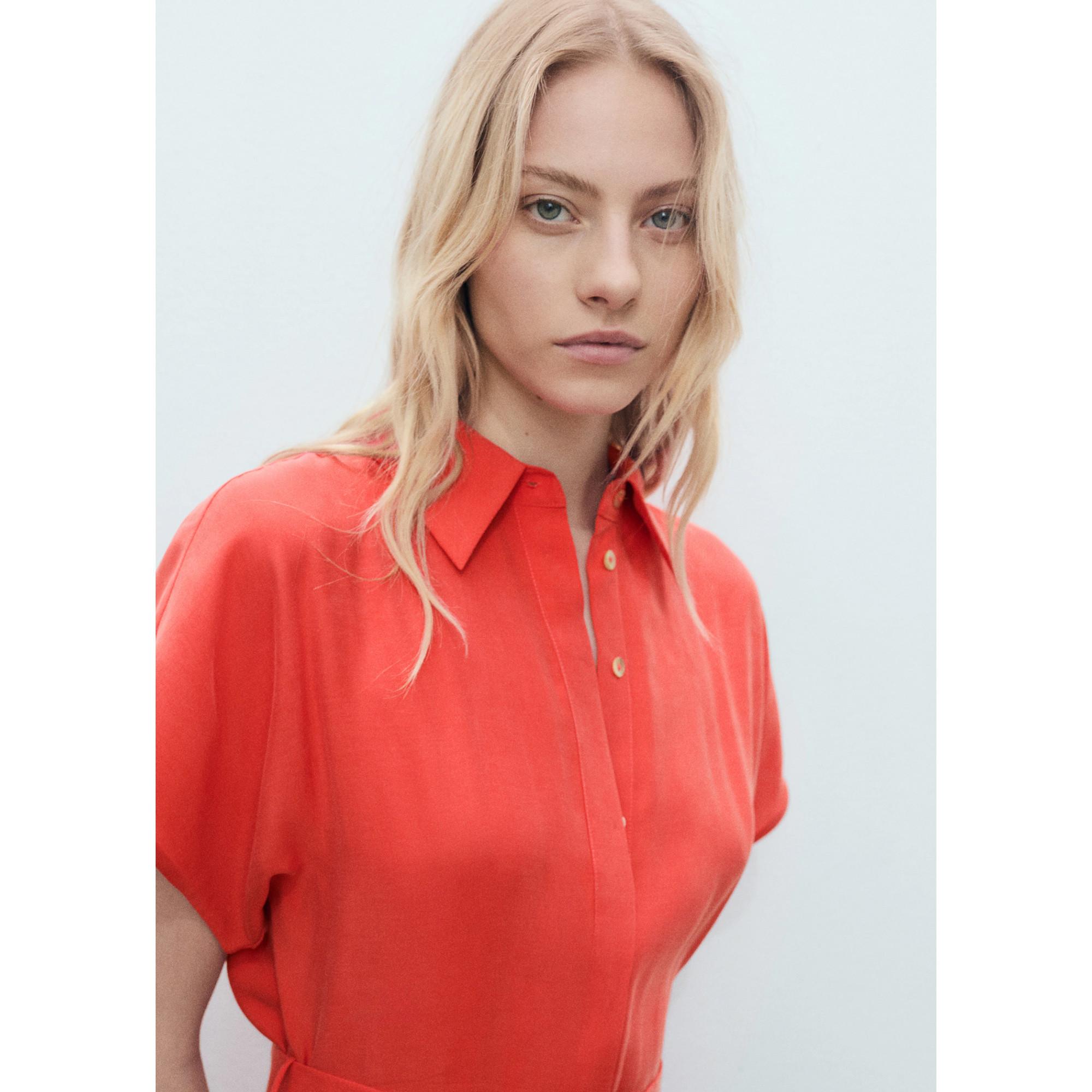 MANGO Macarela Robe Midi Ceinturée Manches Courtes  