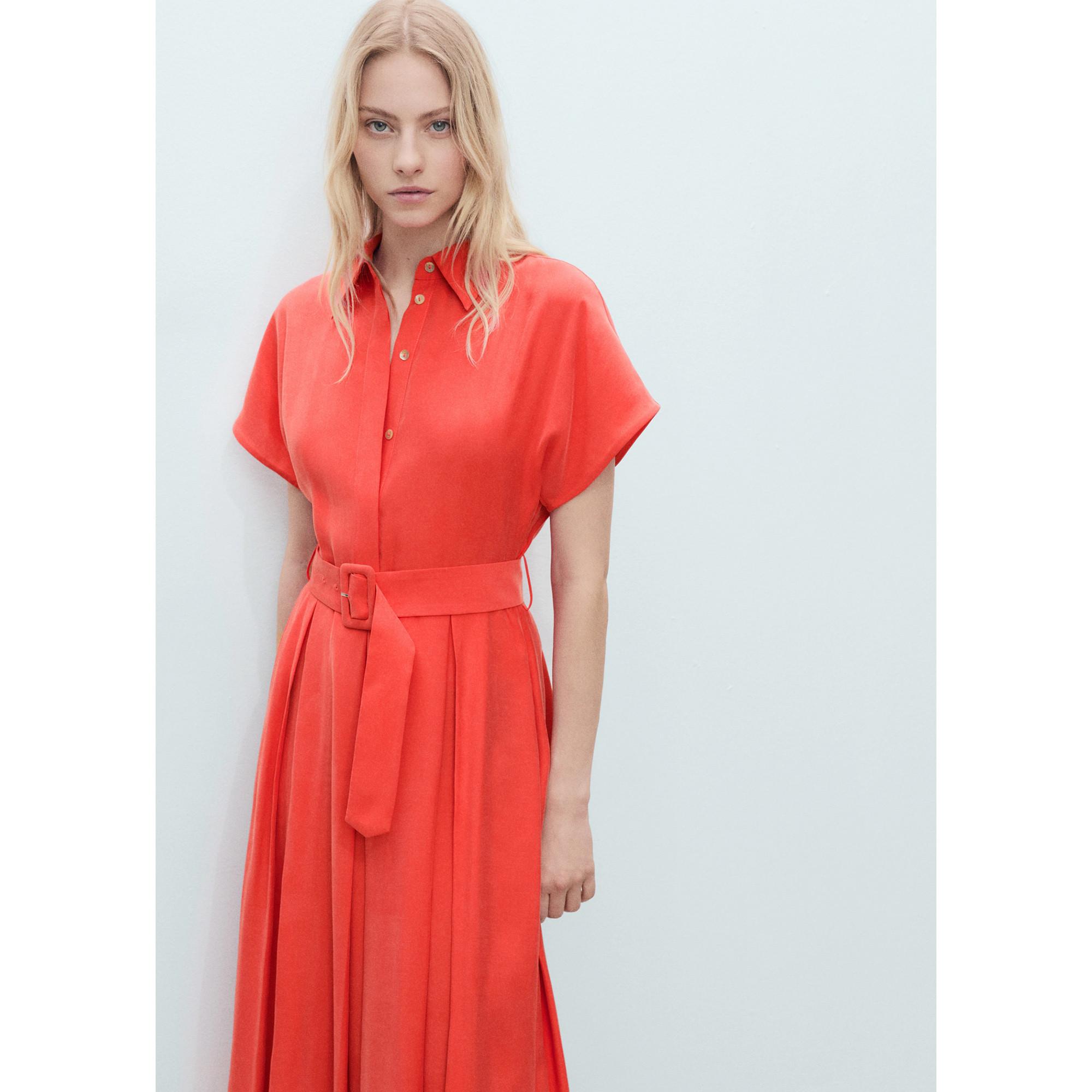 MANGO Macarela Robe Midi Ceinturée Manches Courtes  
