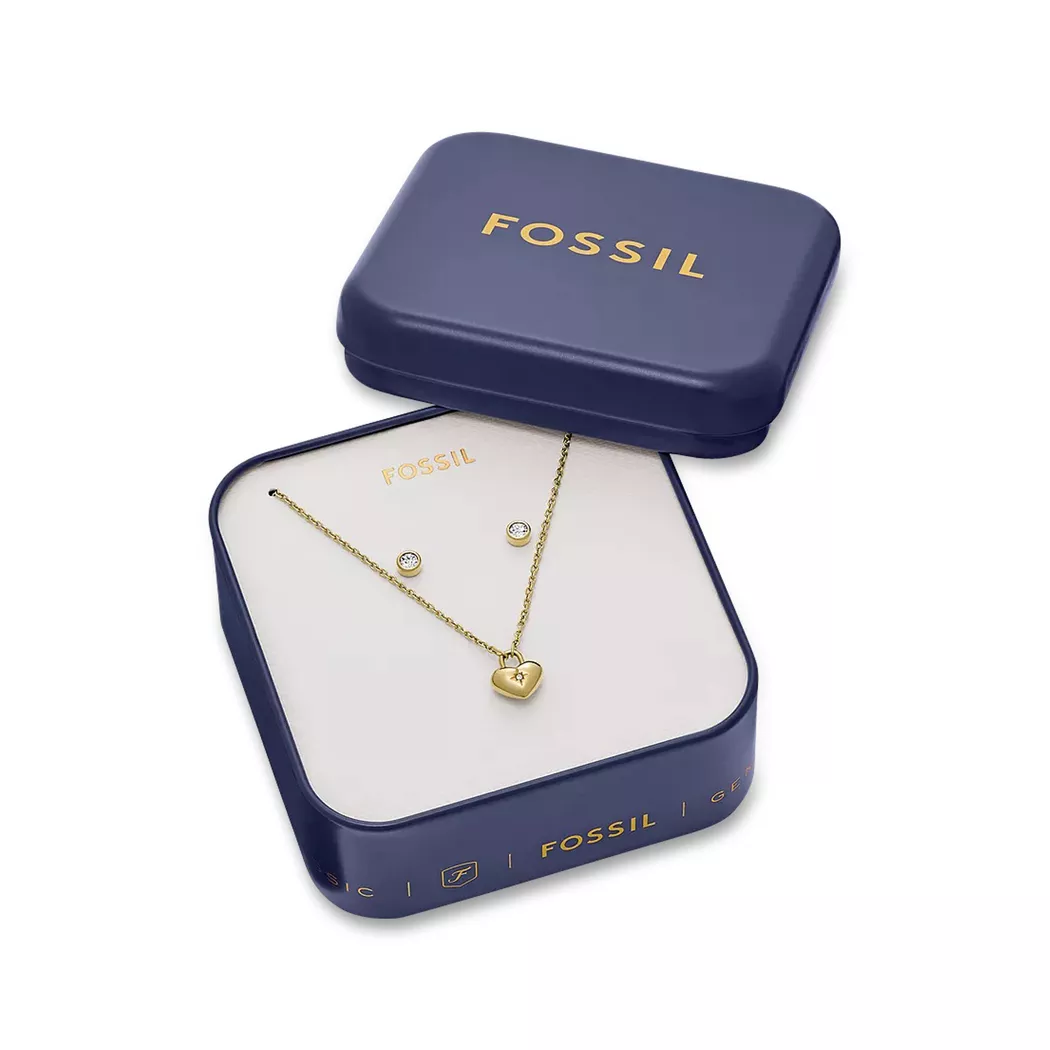 Ohrring und Ketten Set FOSSIL "Mulitpack Schmuck Geschenk Edelstahl JEWELRY", gold (gelbgoldfarben, kristallweiß, kristallweiß), Schmuck_Sets, Damen, Edelstahl, glitzernd, glänzend, mit Glasstein