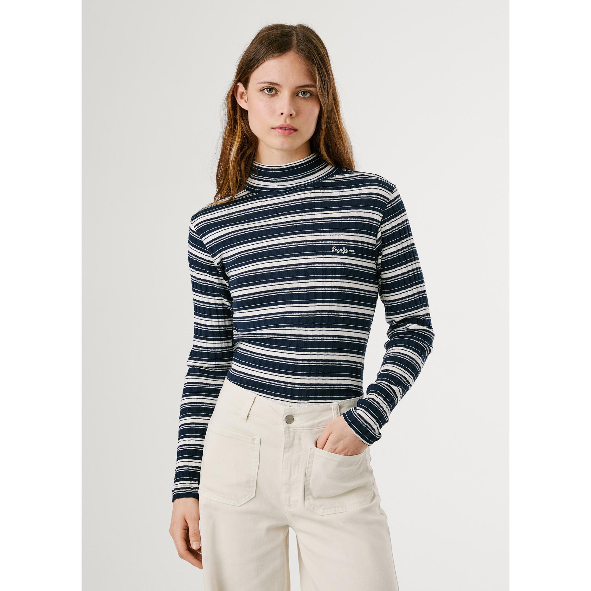 Pepe Jeans London Gestreiftes Langarm Mock Neck T-Shirt  