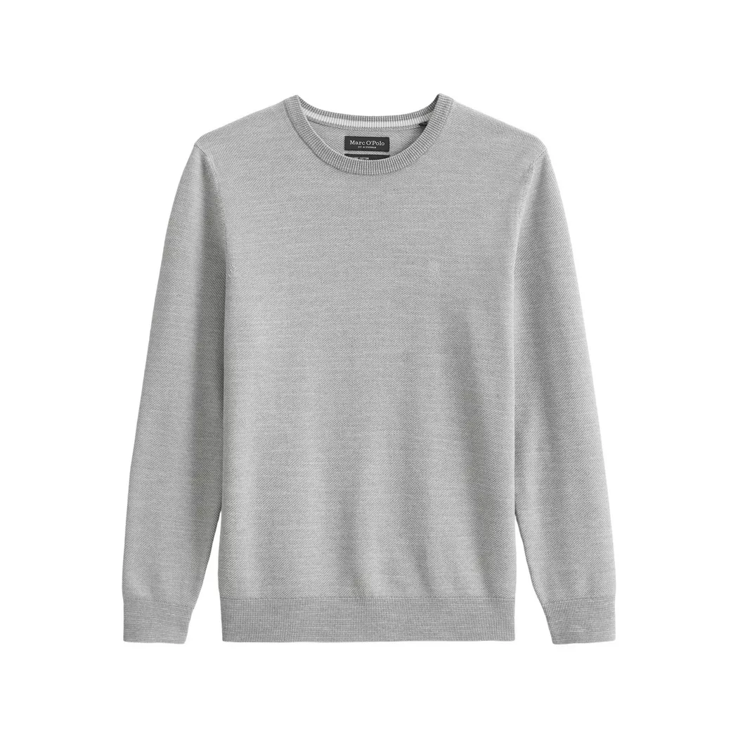 Rundhalspullover MARC O'POLO "aus Bio-Baumwoll-Piqué", Herren, Gr. L, silber grau melange, Obermaterial: 100% Baumwolle, unifarben, Rundhals, Pullover Rundhalspullover