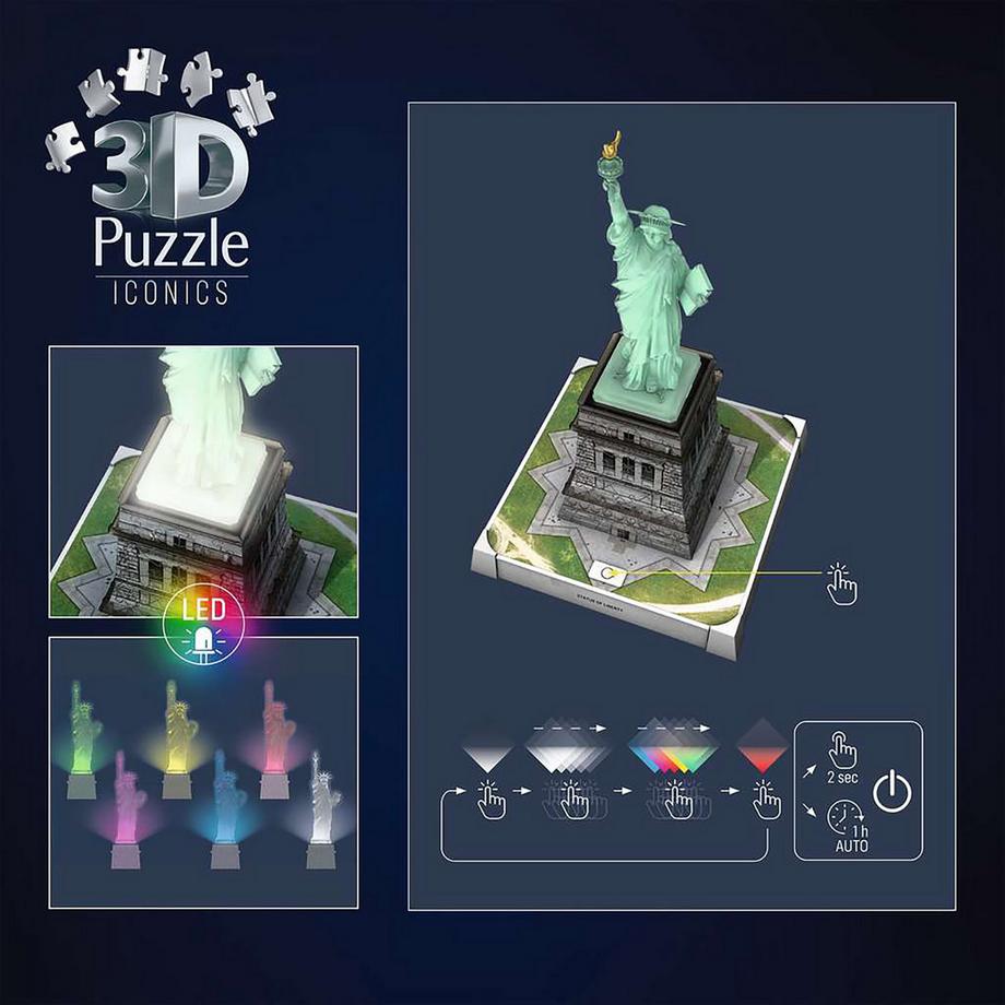 Ravensburger  3D Puzzle Iconics: Statue de la Liberté illuminée, 108 pièces 