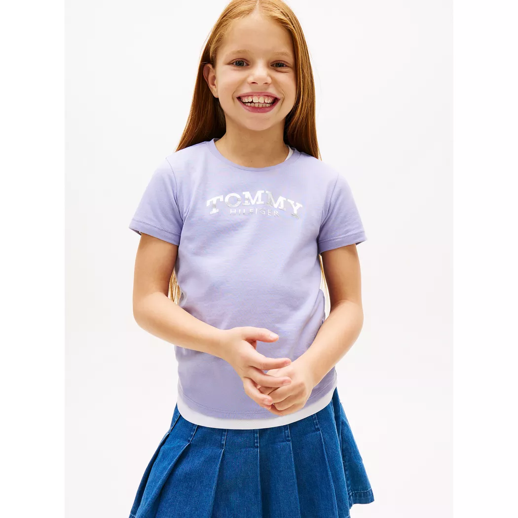 T-Shirt TOMMY HILFIGER "ESSENTIAL TOP SHORT SLEEVE", Mädchen, Gr. 10 (140), sweet blau, Single Jersey, Obermaterial: 60% Baumwolle, 40% Polyester, unifarben, relaxed fit normal, Rundhals, Rüschen, Shirts T-Shirt, Kinder bis 16 Jahre, mit Rüschen, relaxed  2