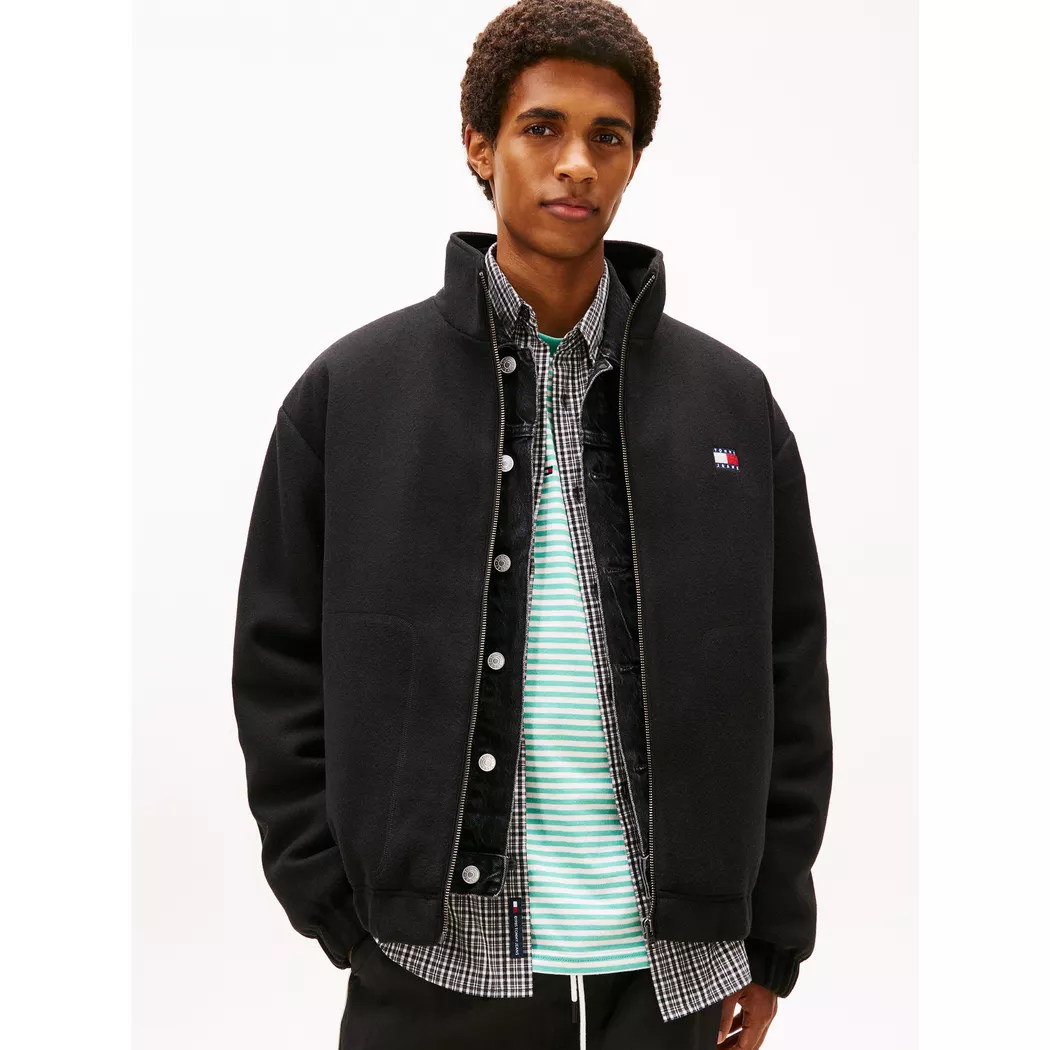 Fleecejacke TOMMY JEANS "TJM ESSENTIAL WOOL PADDED", Herren, Gr. XXL, schwarz, Web, Obermaterial: 75% Polyester, 25% Wolle, relaxed fit normal, elastischer Bund, Jacken Fleecejacke, relaxed fit, Stehkragen