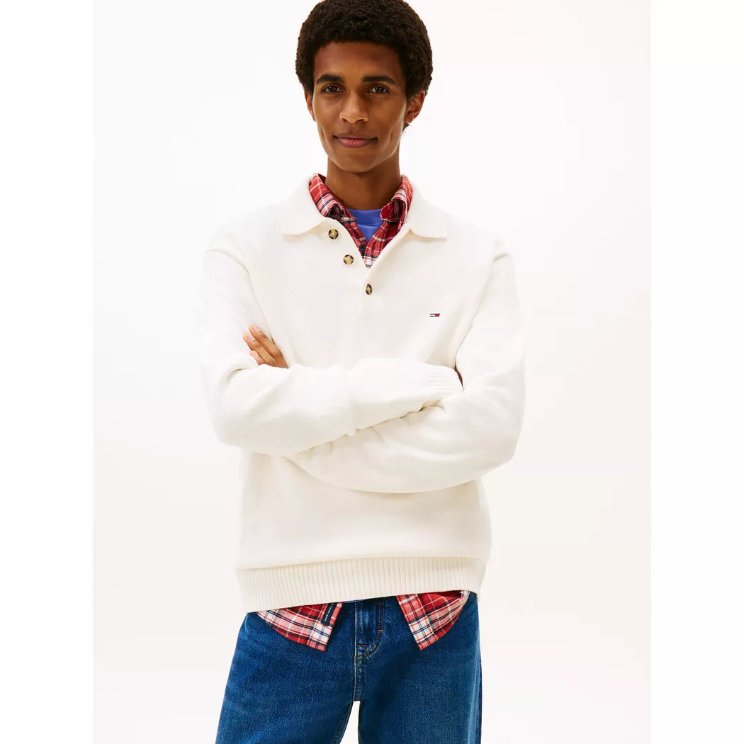 Polokragenpullover TOMMY JEANS "TJM ESSENTIAL POLO", Herren, Gr. XXL, ancient weiß, Strick, Obermaterial: 100% Baumwolle, slim fit normal, Rippbündchen, Pullover, slim fit, Feinstrick