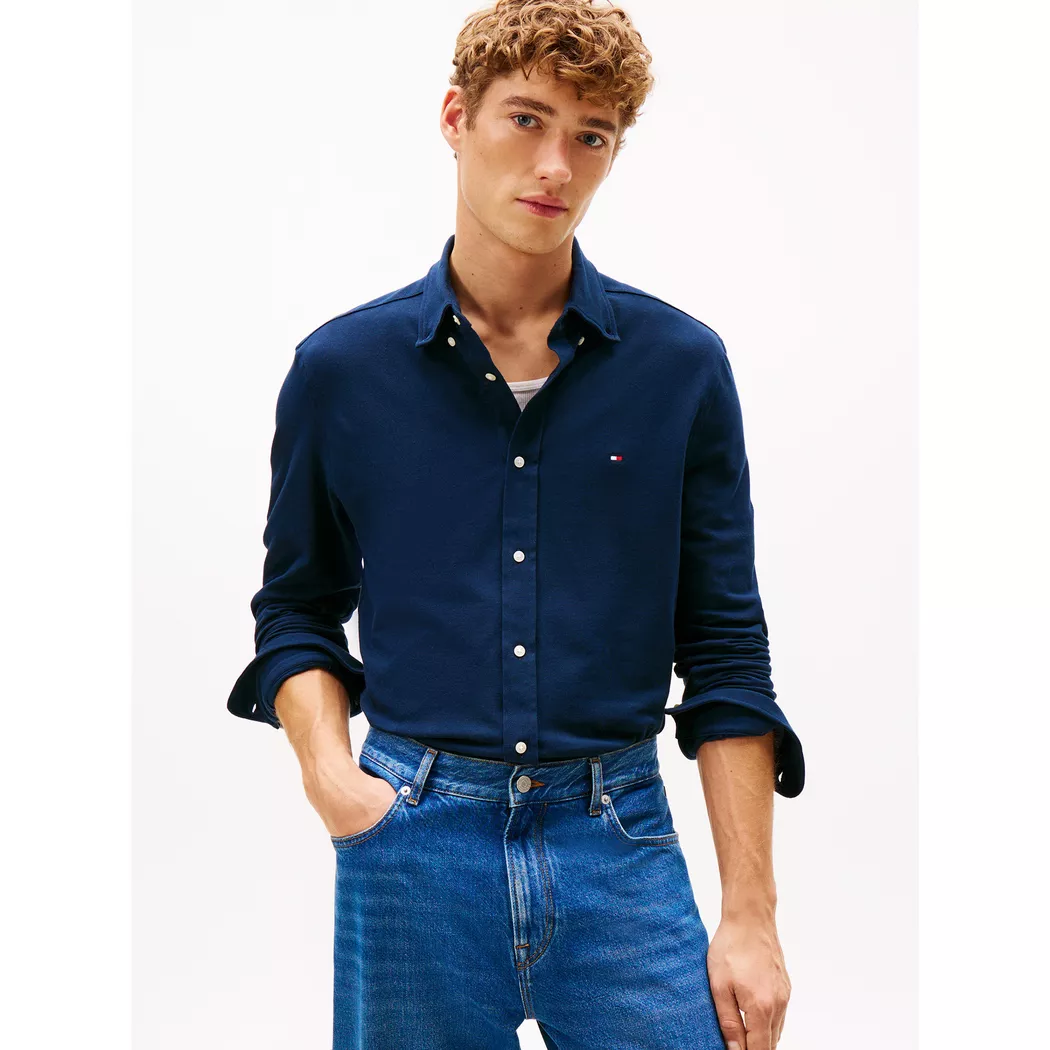 Langarmhemd TOMMY HILFIGER "KNIT PIQUE FEATHERWEIGHT", Herren, Gr. M, N-Gr, schwarz night navy, Web, Obermaterial: 100% Baumwolle, regular fit, Manschette, Hemden