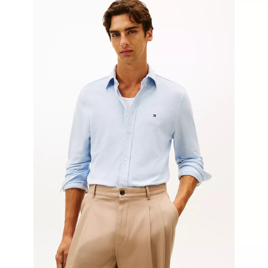 Langarmhemd TOMMY HILFIGER "KNIT PIQUE FEATHERWEIGHT", Herren, Gr. M, N-Gr, light blau heather, Web, Obermaterial: 100% Baumwolle, regular fit, Manschette, Hemden