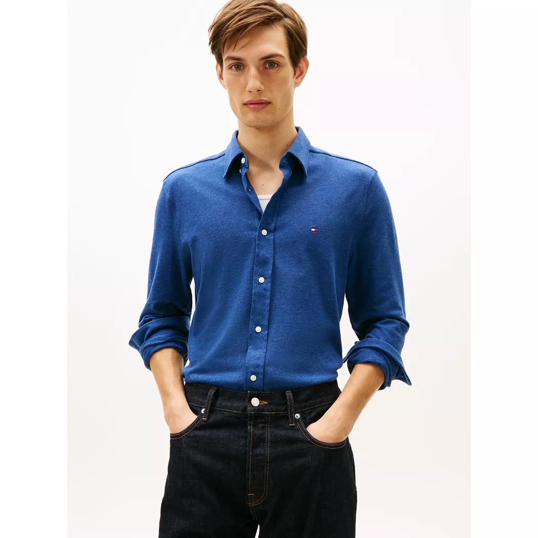 Langarmhemd TOMMY HILFIGER "KNIT PIQUE FEATHERWEIGHT", Herren, Gr. L, N-Gr, indigo heather, Web, Obermaterial: 100% Baumwolle, regular fit, Manschette, Hemden