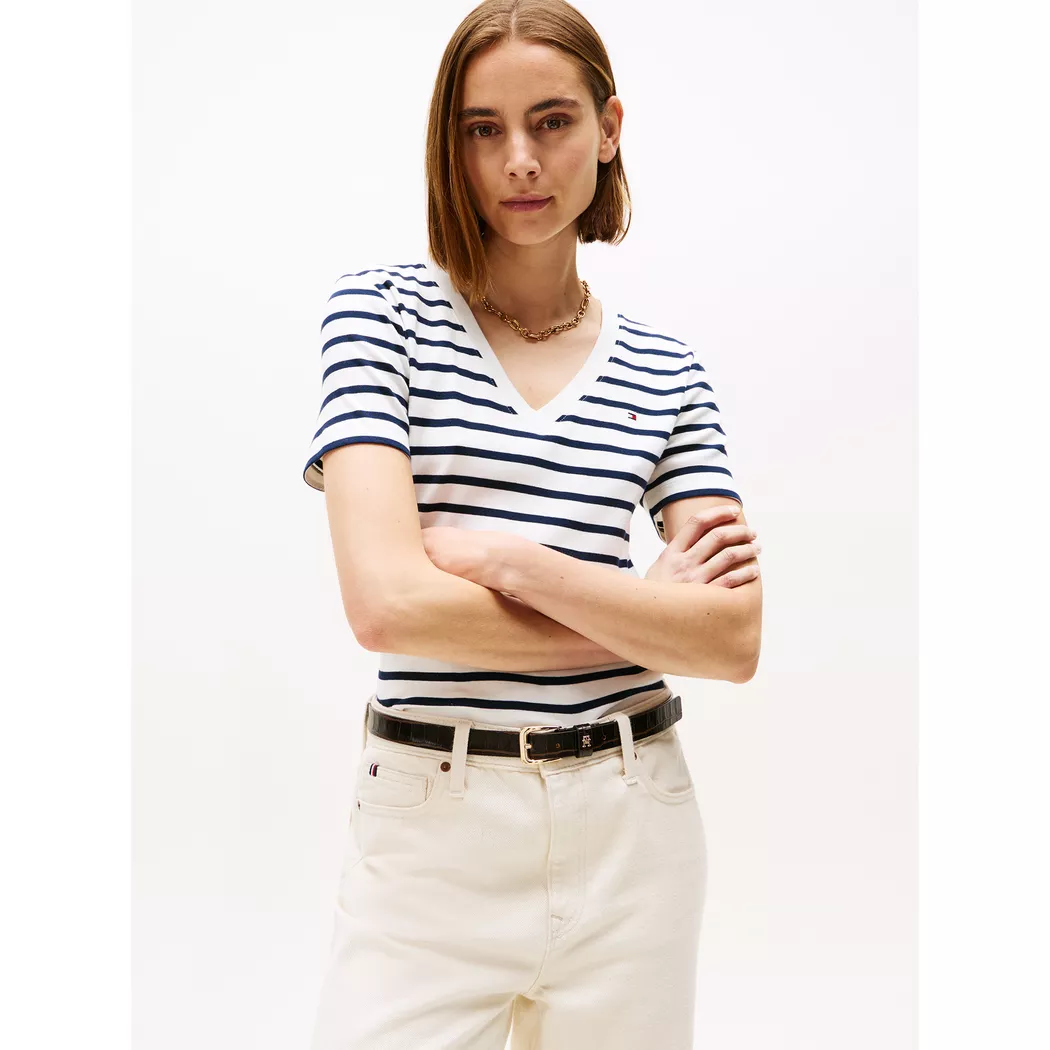 Tommy Hilfiger T-shirt à Manches Courtes Et Col En V Slim Cody Breton / Ecu / Dark Night Navy XS Femme