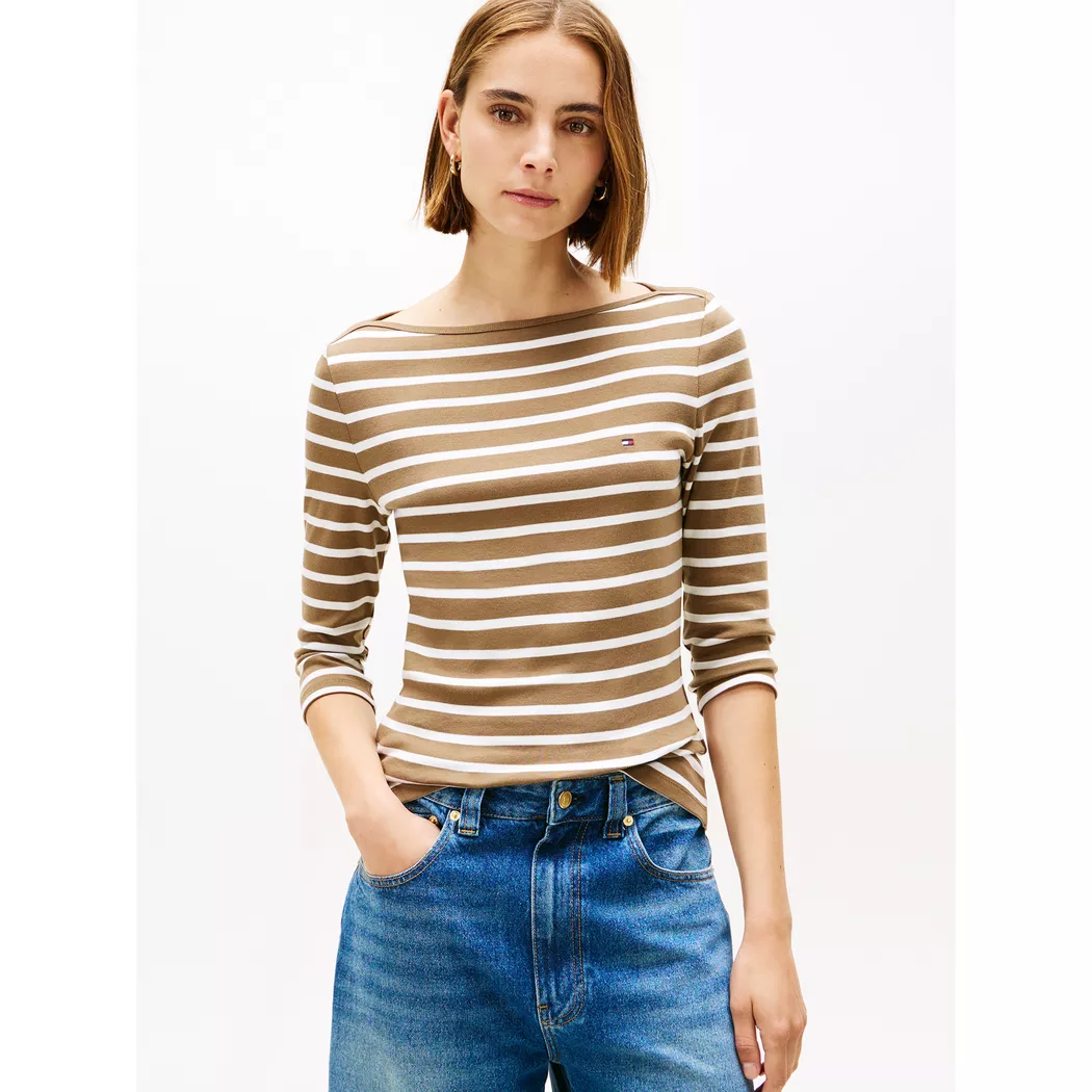Tommy Hilfiger T-shirt à Manches 3/4 Slim Cody Nordic Taupe / Ecru Stripes L Femme