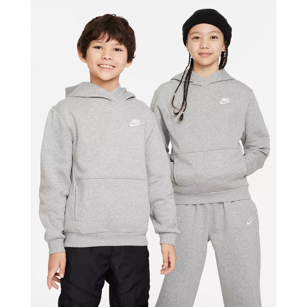 Kapuzensweatshirt NIKE SPORTSWEAR "K NSW CLUB FLC HDY LBR", Mädchen, Gr. S (128/134), grau (dk grau heather, weiß), angeraute Sweatware, Obermaterial: 80% Baumwolle, 20% Polyester, unifarben, Basic normal, Rundhals, angesetztes Bündchen, Sweatshirts, für 