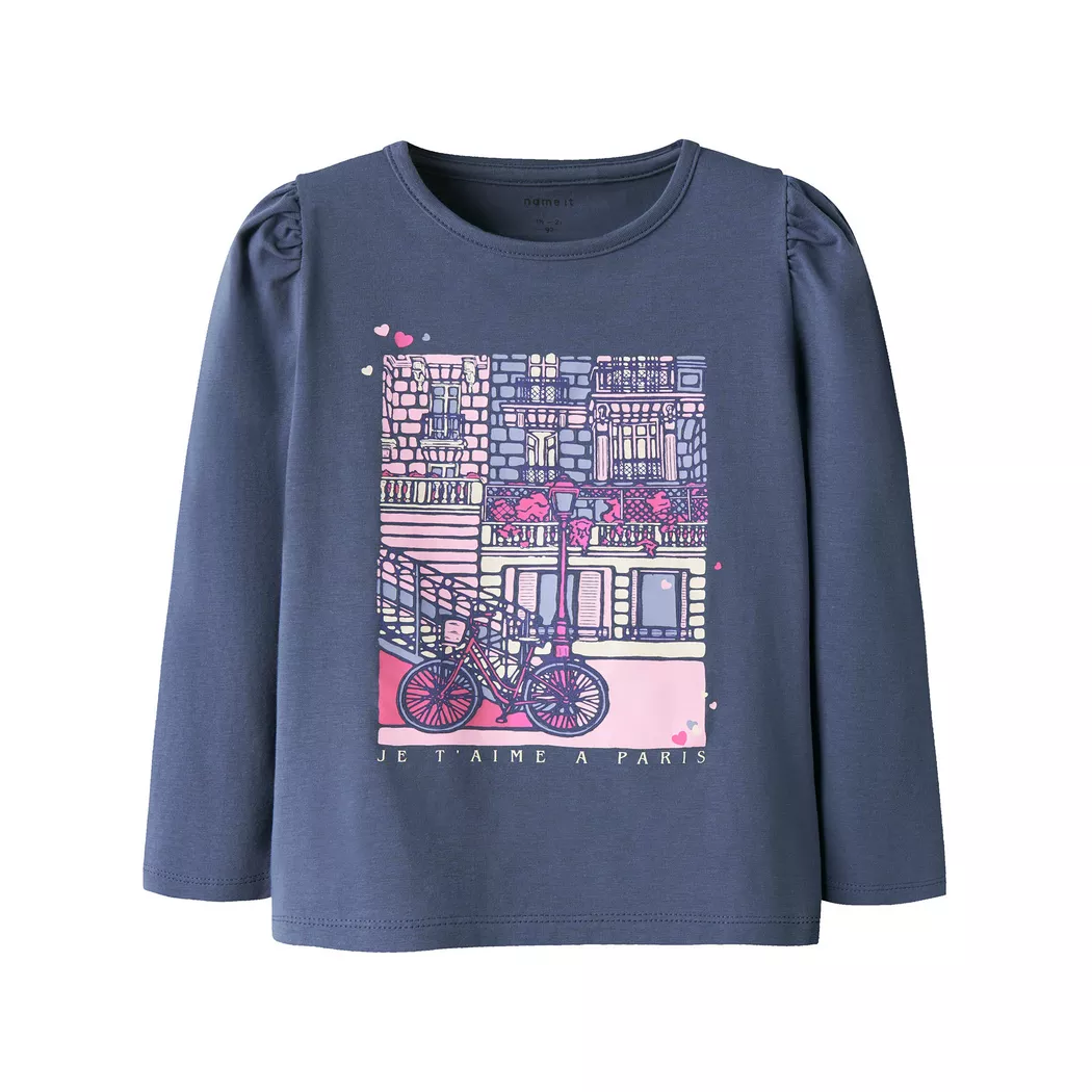 Longtop NAME IT "NMFOLLIA LS TOP PB", Mädchen, Gr. 92, blau (vintage indigo), Jersey, Obermaterial: 95% Baumwolle, 5% Elasthan, bedruckt, normal, Rundhals, Tops