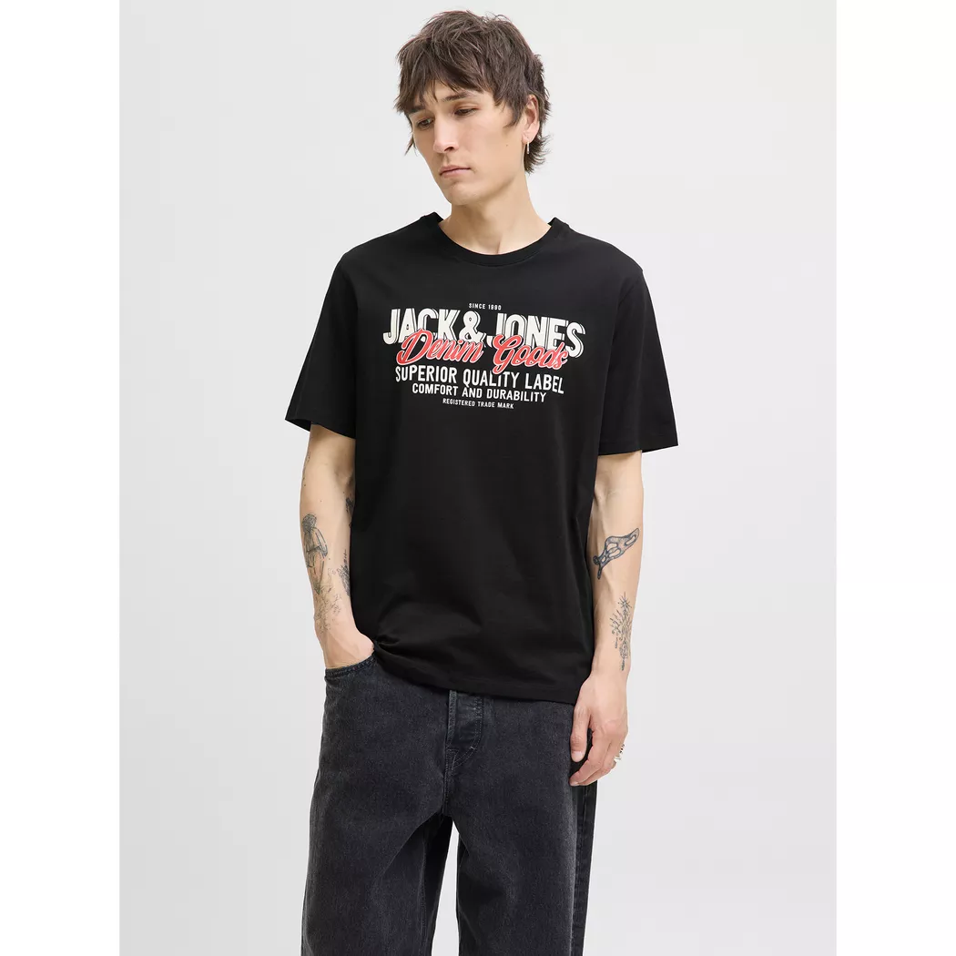 Rundhalsshirt JACK & JONES "JJECORP mit Logo-Print und klassischem Rundhals", Damen, Gr. L, schwarz (schwarz fit:slim, large print, schwarz), Single Jersey, Obermaterial: 100% Baumwolle, bedruckt, regular fit normal, Rundhals, Shirts Rundhalsshirt, Baumwo 2