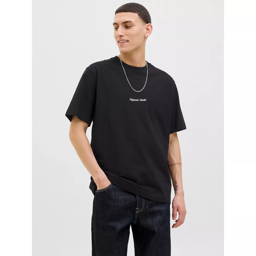 Kurzarmshirt JACK & JONES "JORNORREBRO EMB TEE SS CREW NECK NOOS", Herren, Gr. XL, schwarz, Jersey, Obermaterial: 100% Baumwolle, bedruckt, relaxed fit normal, Rundhals, gerader Abschluss, Shirts, mit Logo Print